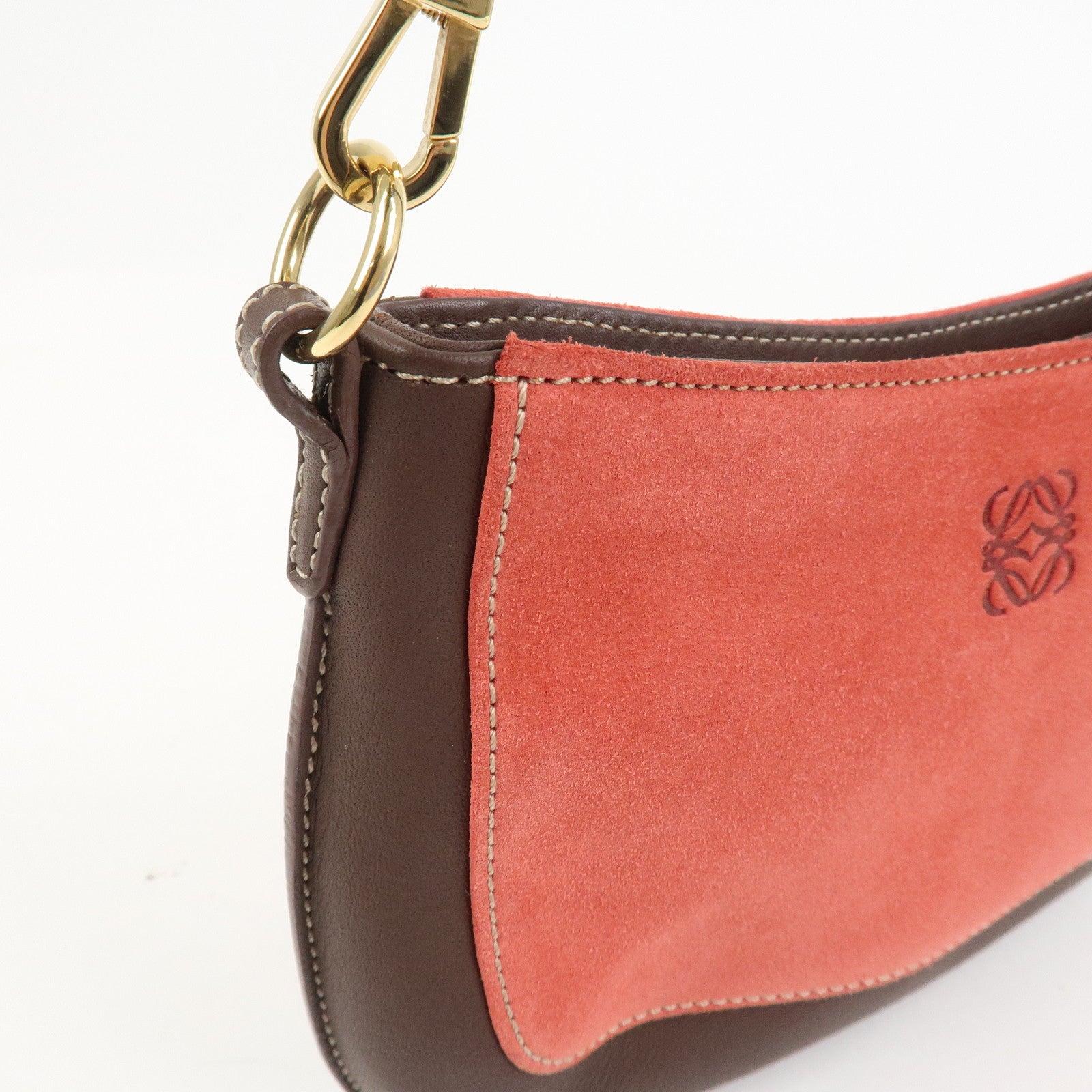 LOEWE Anagram Logo Suede Leather Accessory Pouch Hand Bag Brown Red
