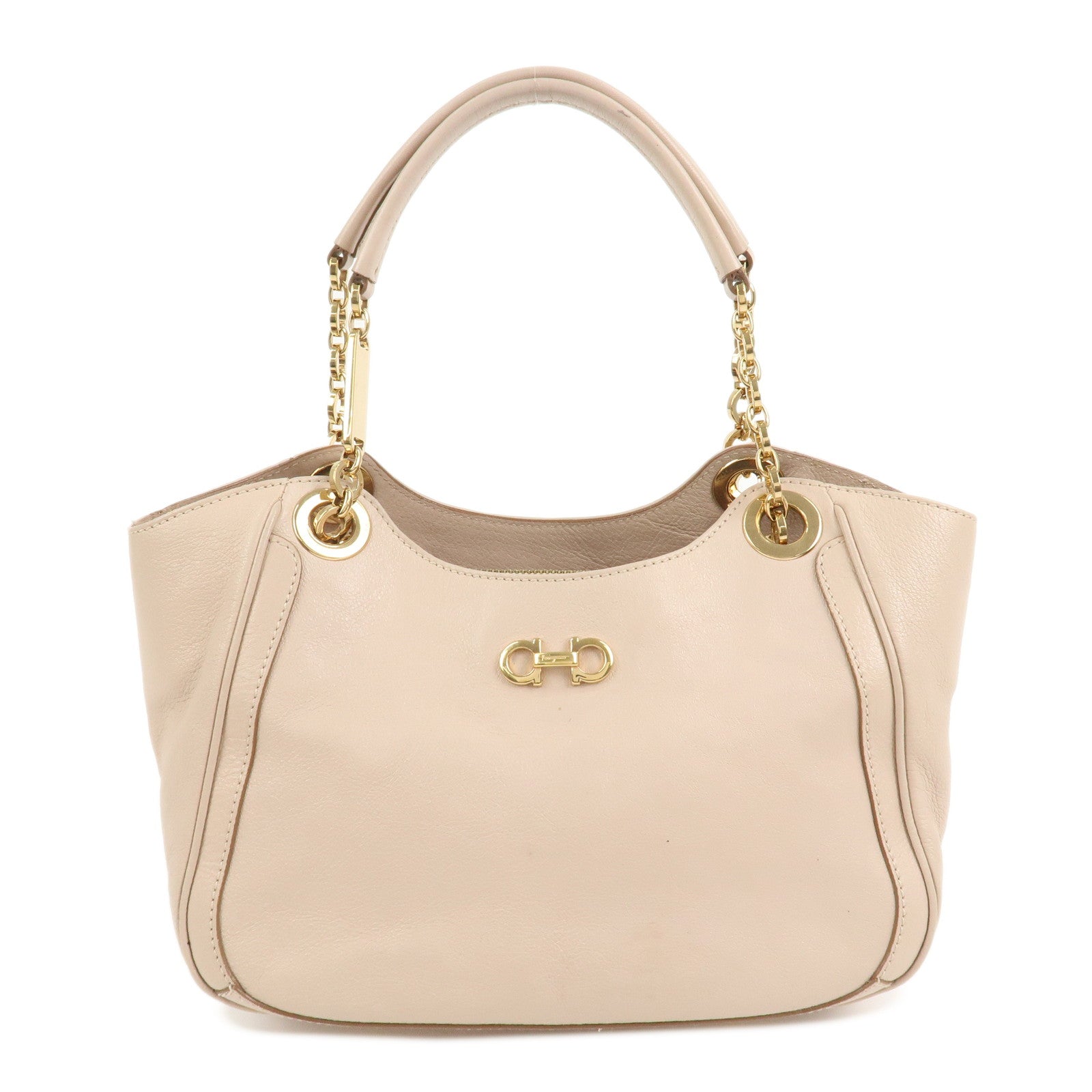 Ferragamo Leather Shoulder Bag Hand Bag Pink Beige Gold