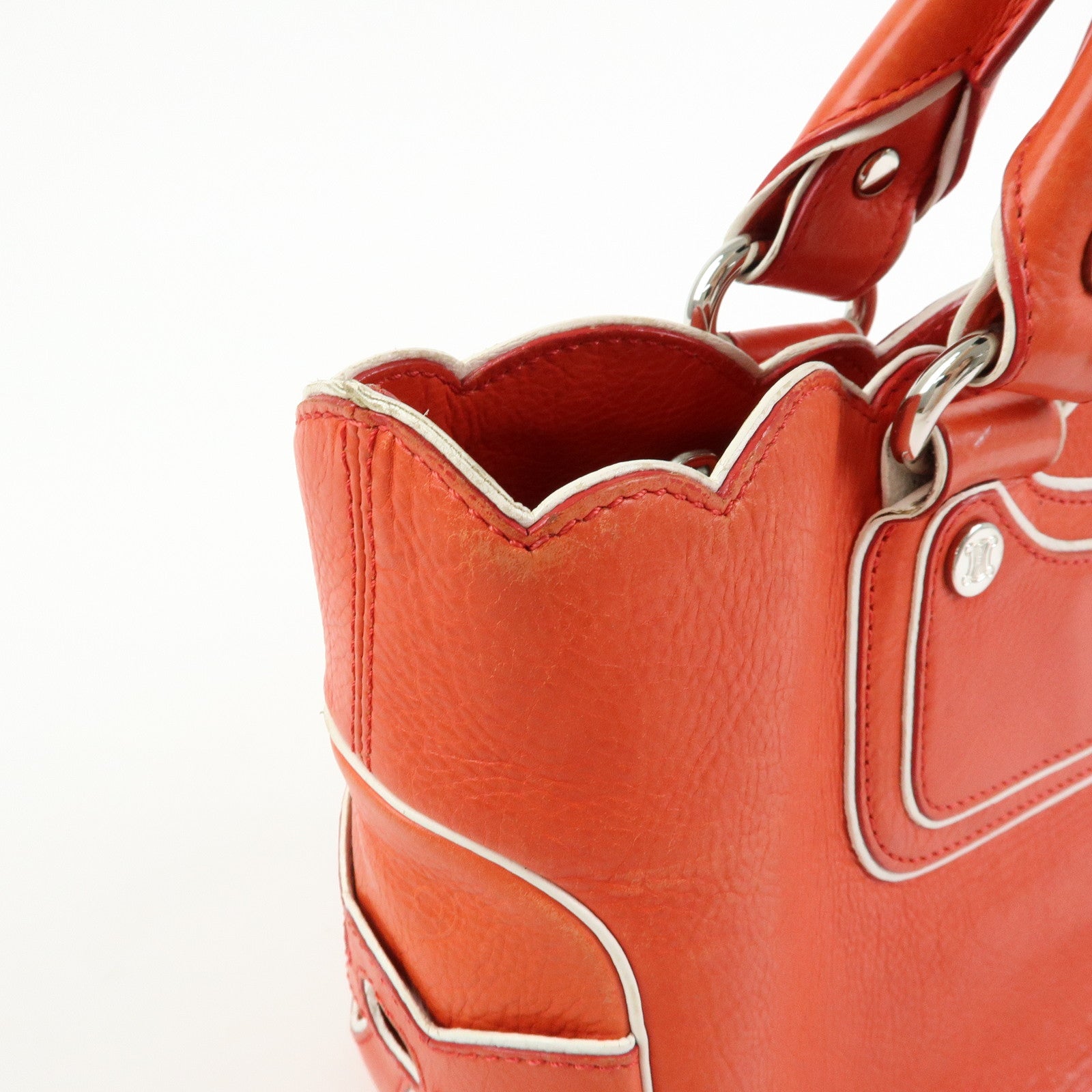 CELINE Scalloped Boogie Bag Leather Hand Bag Tote Bag Orange White