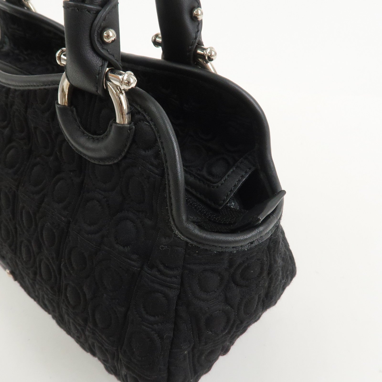 Ferragamo Gancini Canvas Leather Hand Bag Black Silver