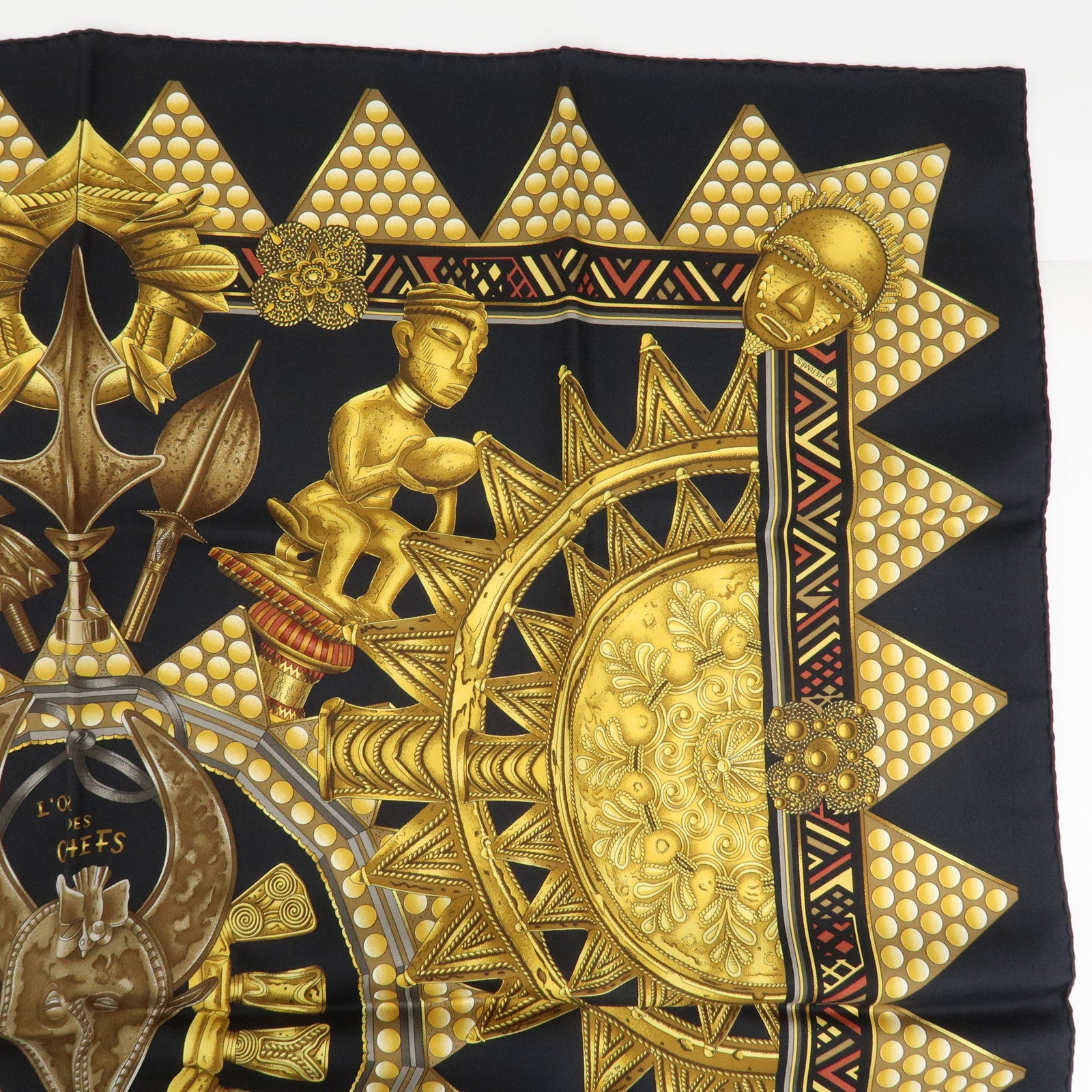 HERMES Carre 90 Silk 100% Scarf L'OR DES CHEFS Gold Black Used