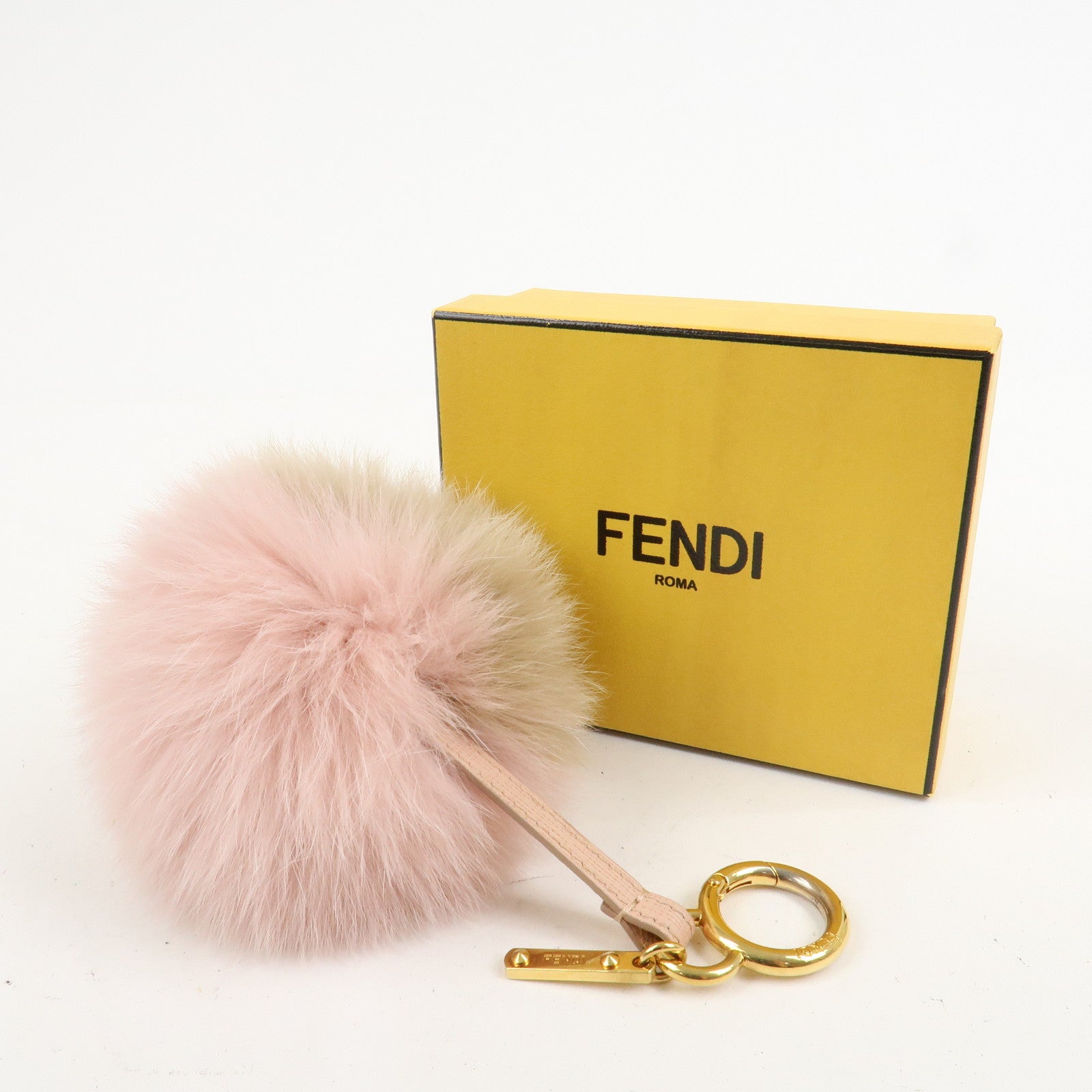 FENDI Pompom Fur Bag Charm Key Ring Brown Pink A7R259