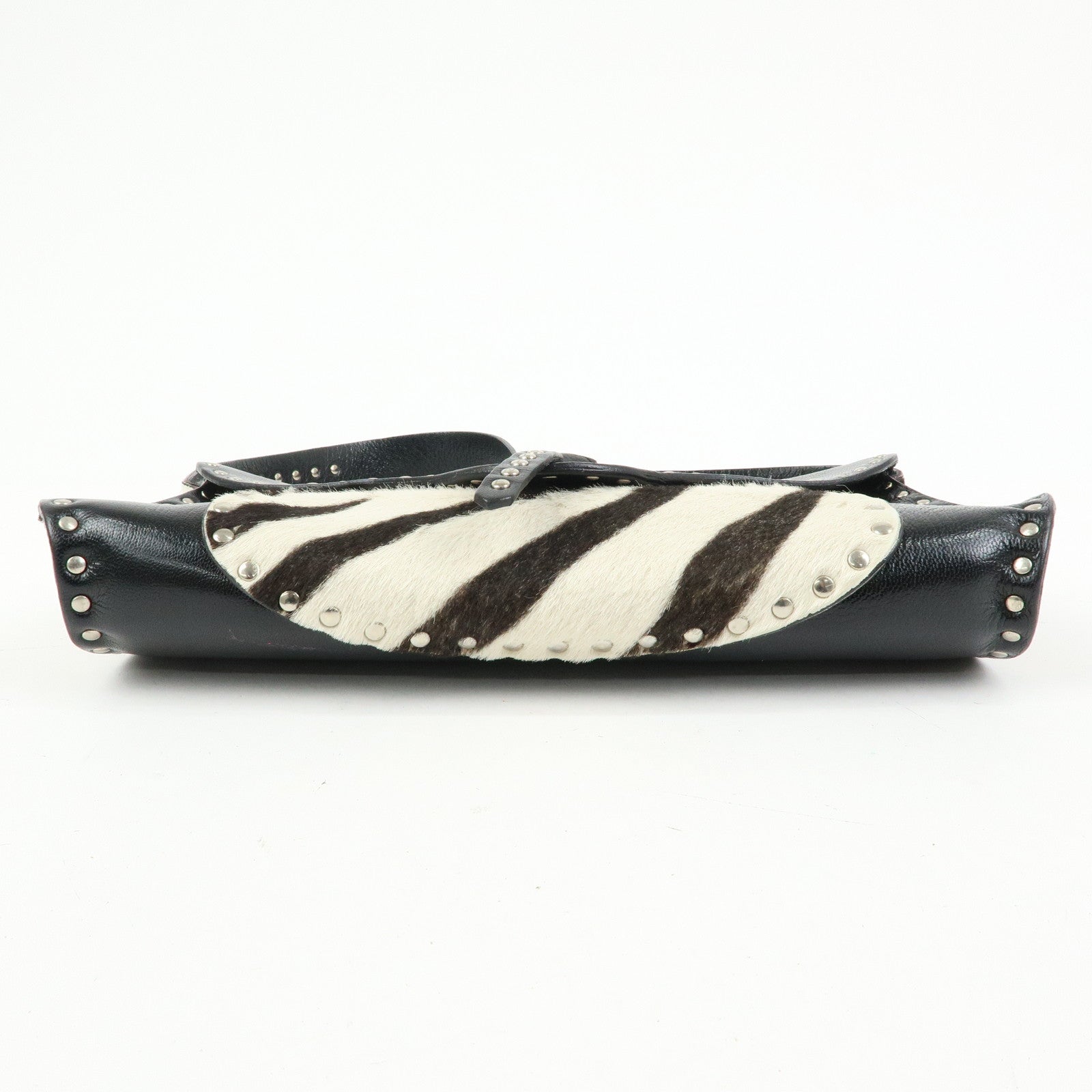 CELINE Haircalf Leather Studs Hand Bag Zebra Print Black White