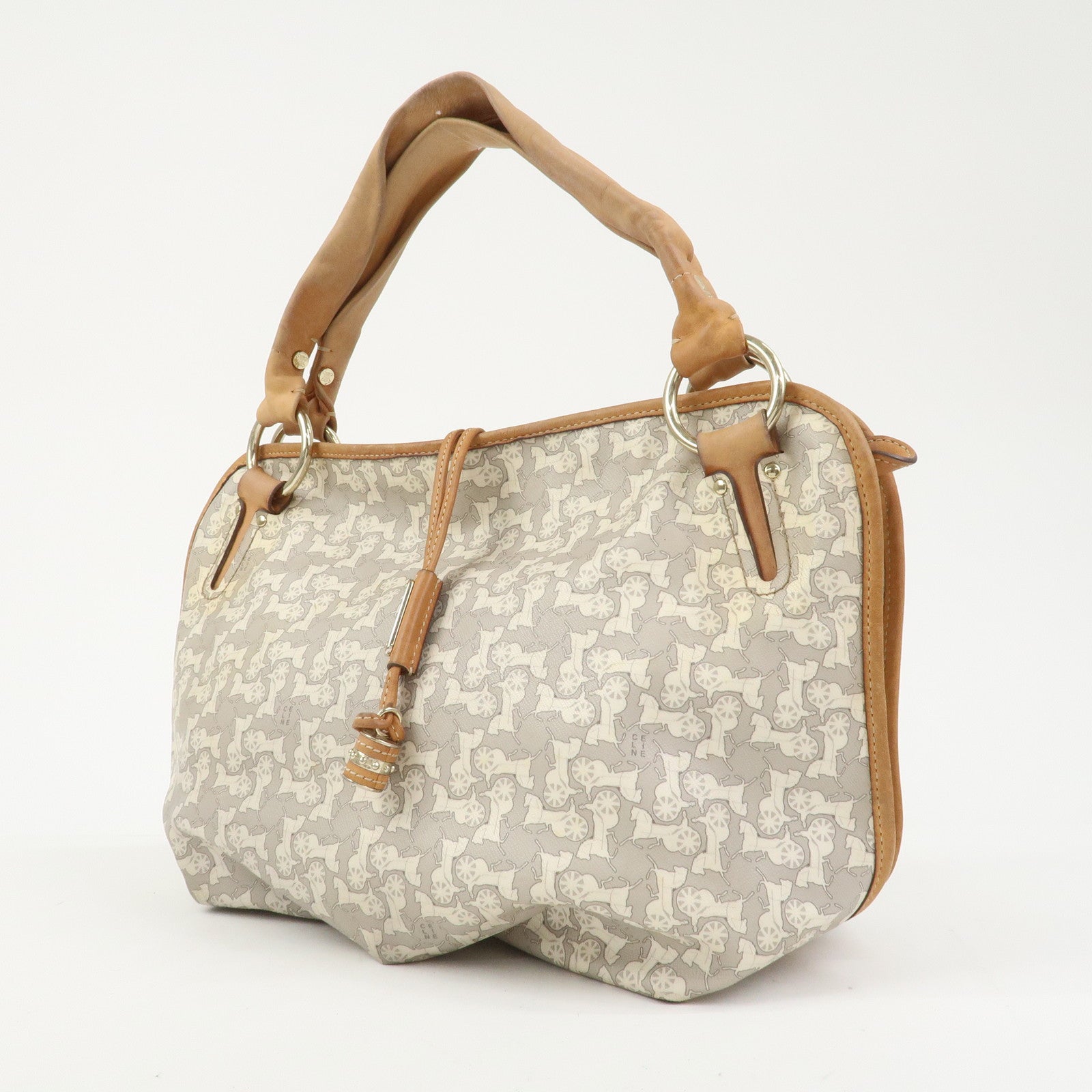 CELINE Logo Leather Hand Bag Shoulder Bag Gray Light Brown