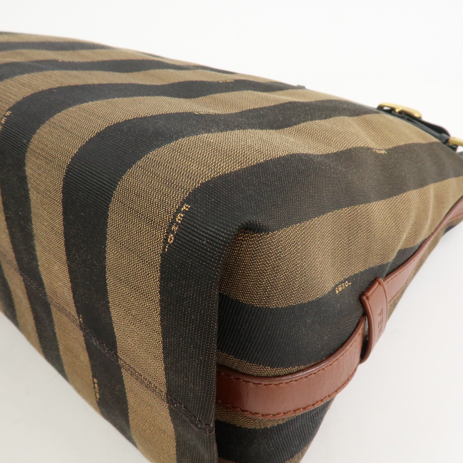 FENDI Pequin Canvas Leather Shoulder Bag Hand Bag Brown 8BR653