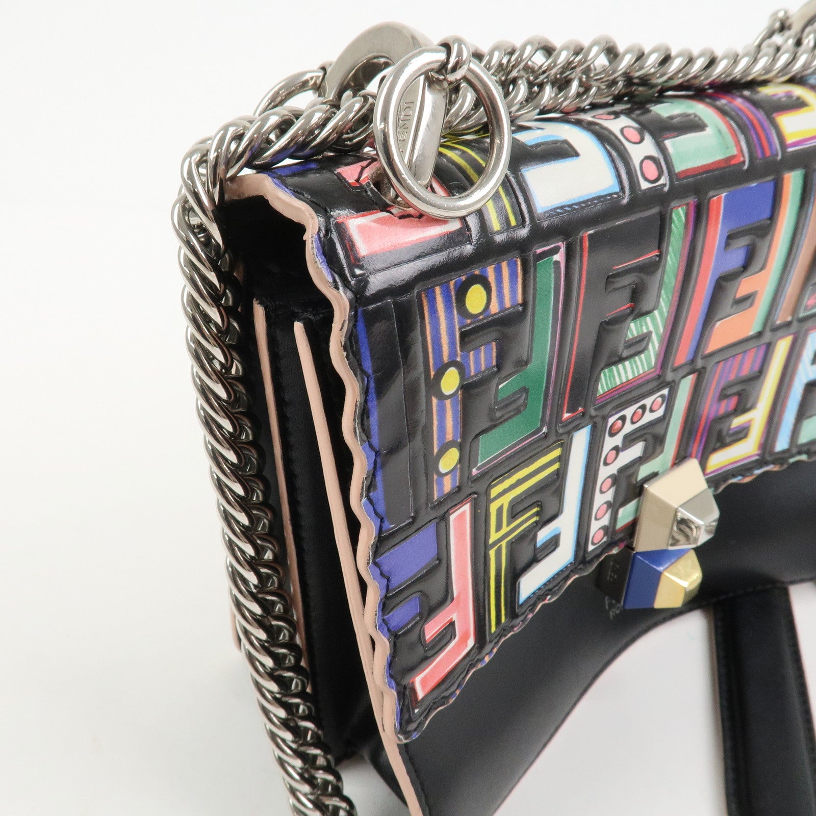 FENDI Zucca Leather Mini Kan I Chain Shoulder Bag Multicolor 8M0381