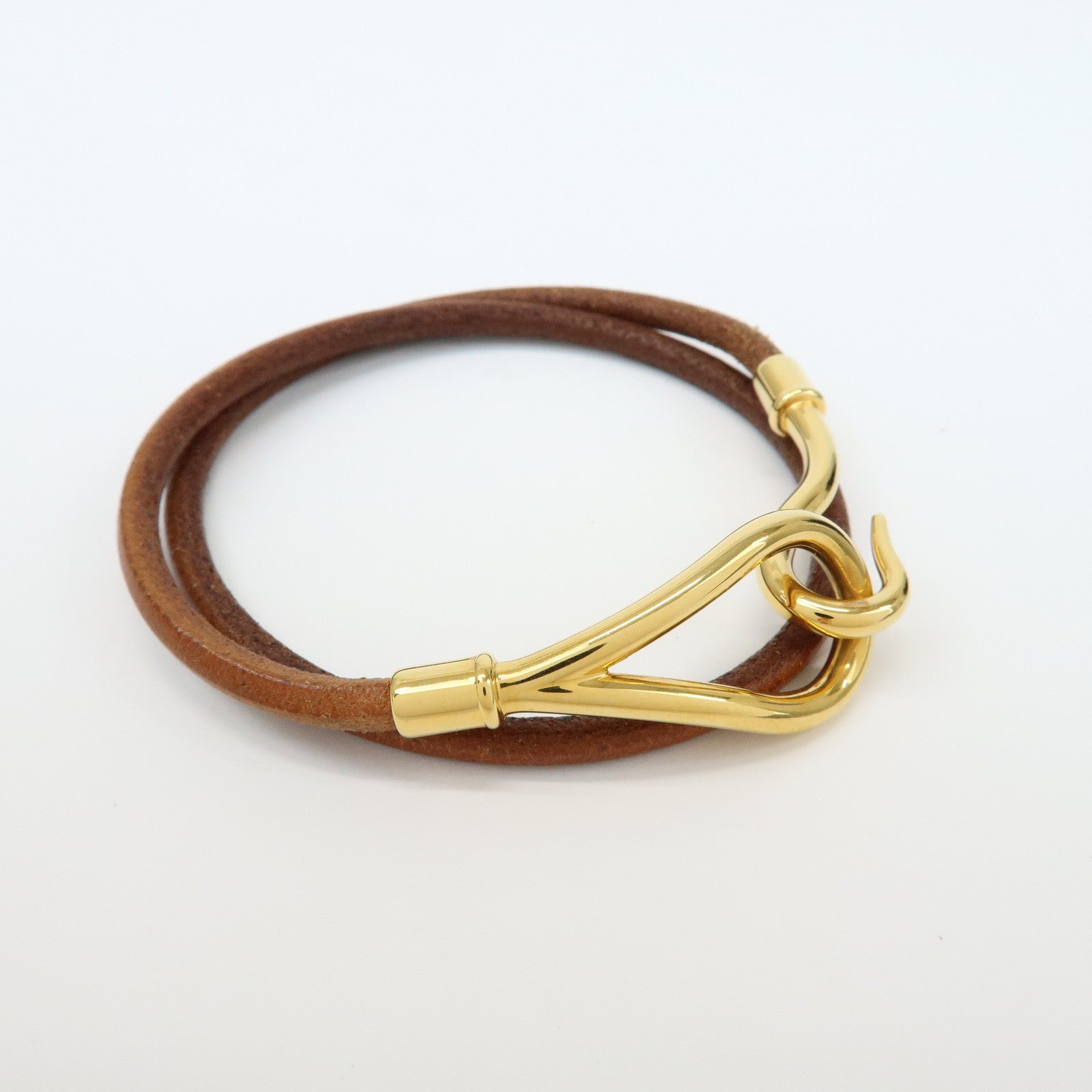 HERMES Set of 2 Jumbo Choker Leather Bracelet Brown Gold Silver
