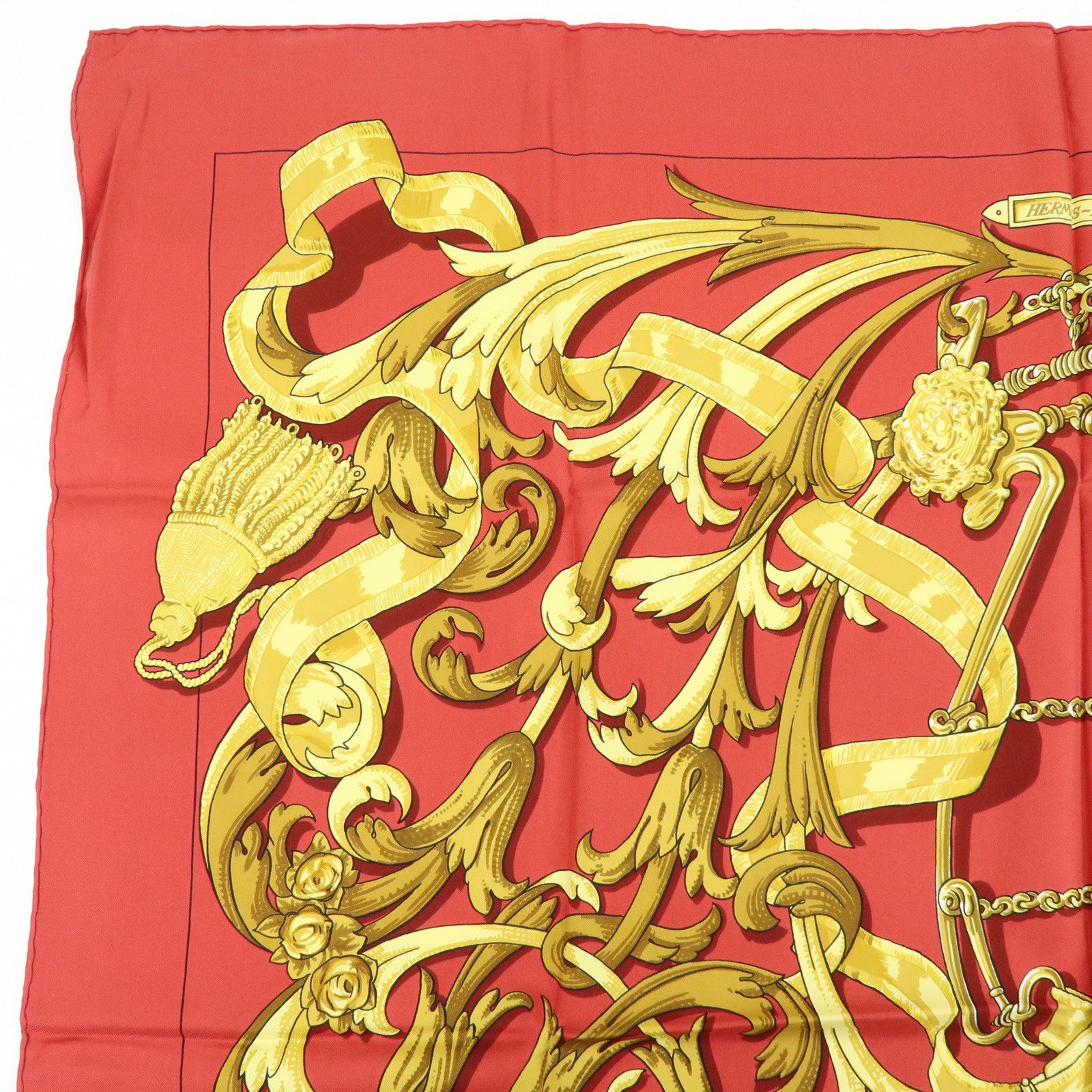 HERMES Carre 90 Silk 100% Scarf LE MORS A LA CONETABLE Red Gold