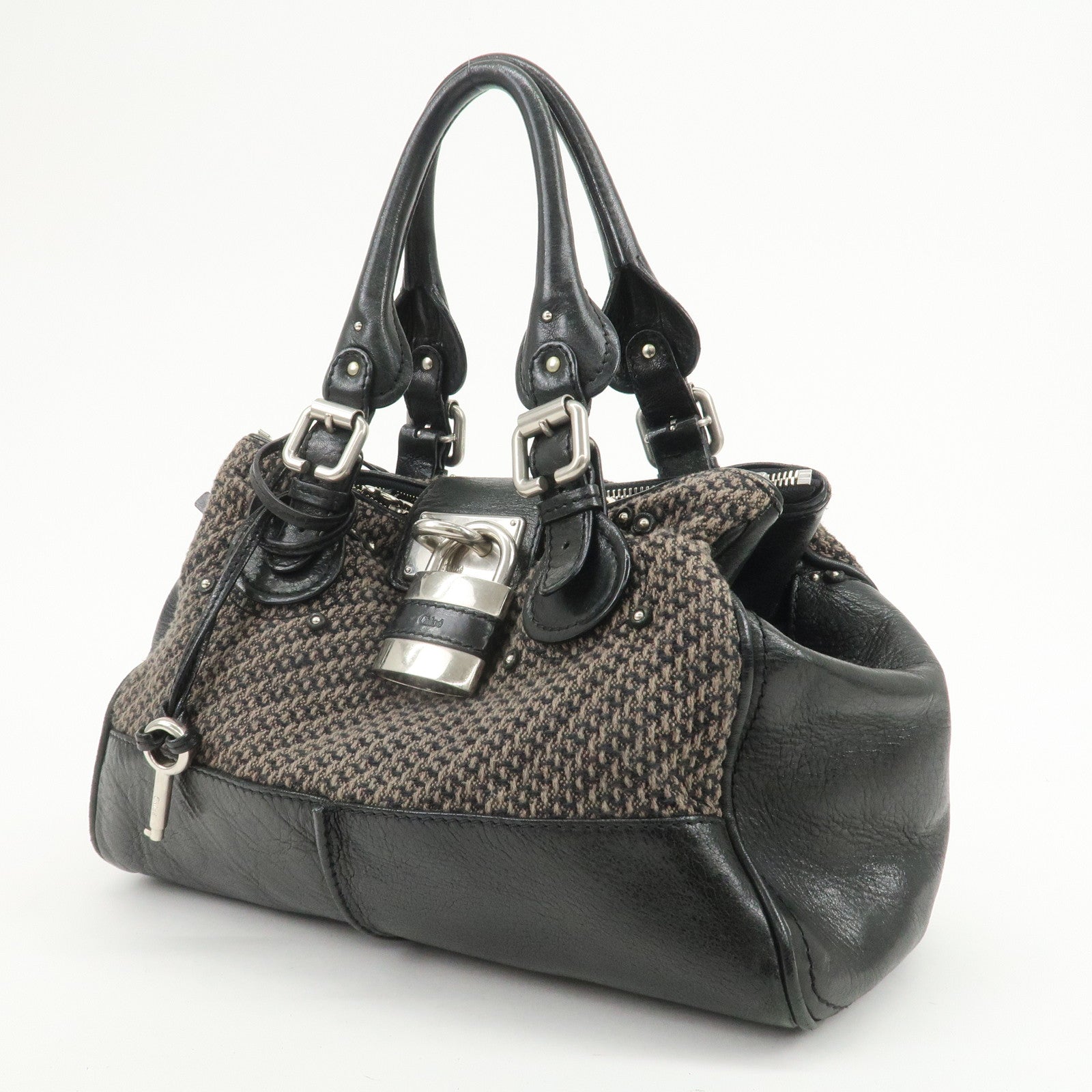 Chloe Paddington Leather Canvas Shoulder Bag Black Gray