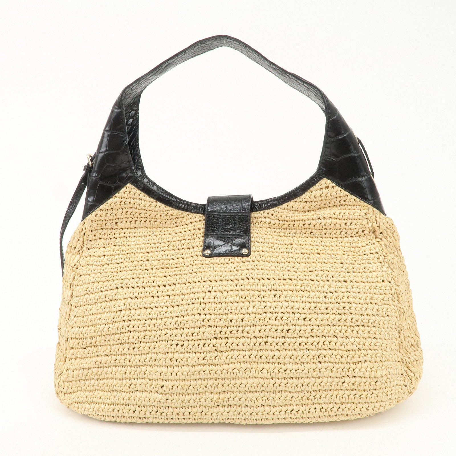 JIMMY CHOO Raffia Embossed Leather One Shoulder Bag Natural Black