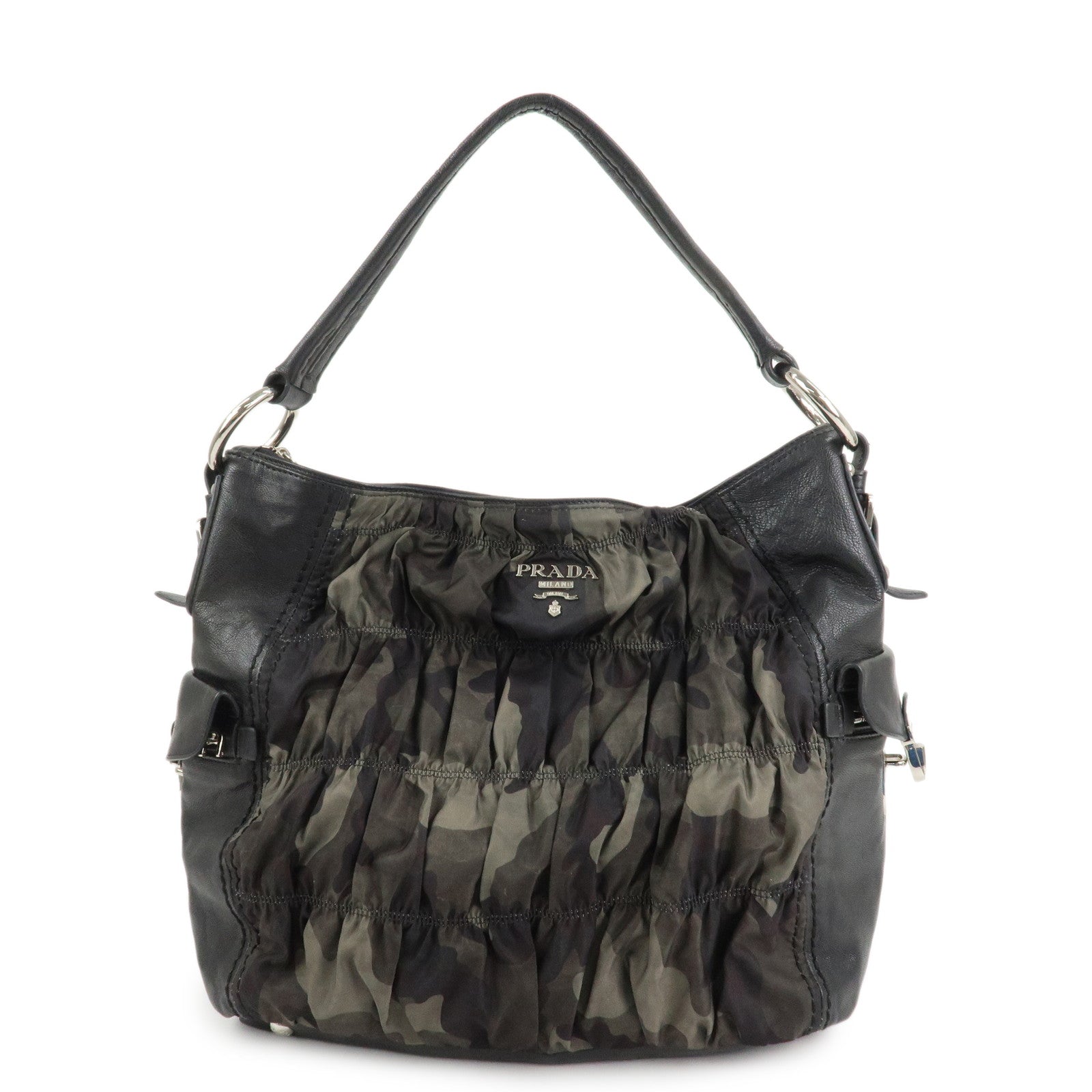 PRADA Logo Nylon Leather Gathered 2Way Shoulder Hand Bag BN4586