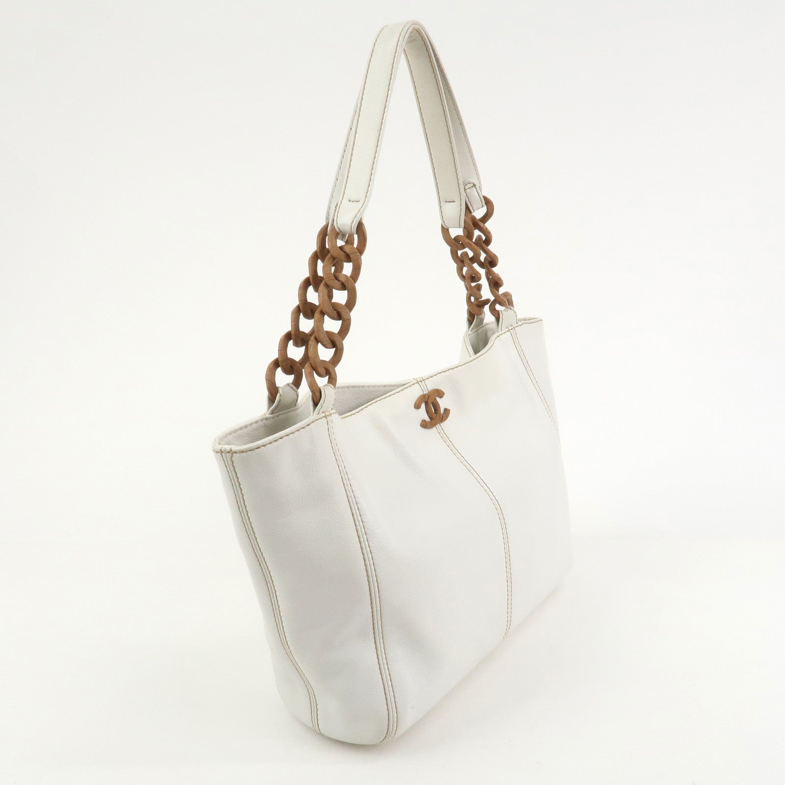 CHANEL COCO Mark Leather Wood Chain Shoulder Bag Off White 18MB096