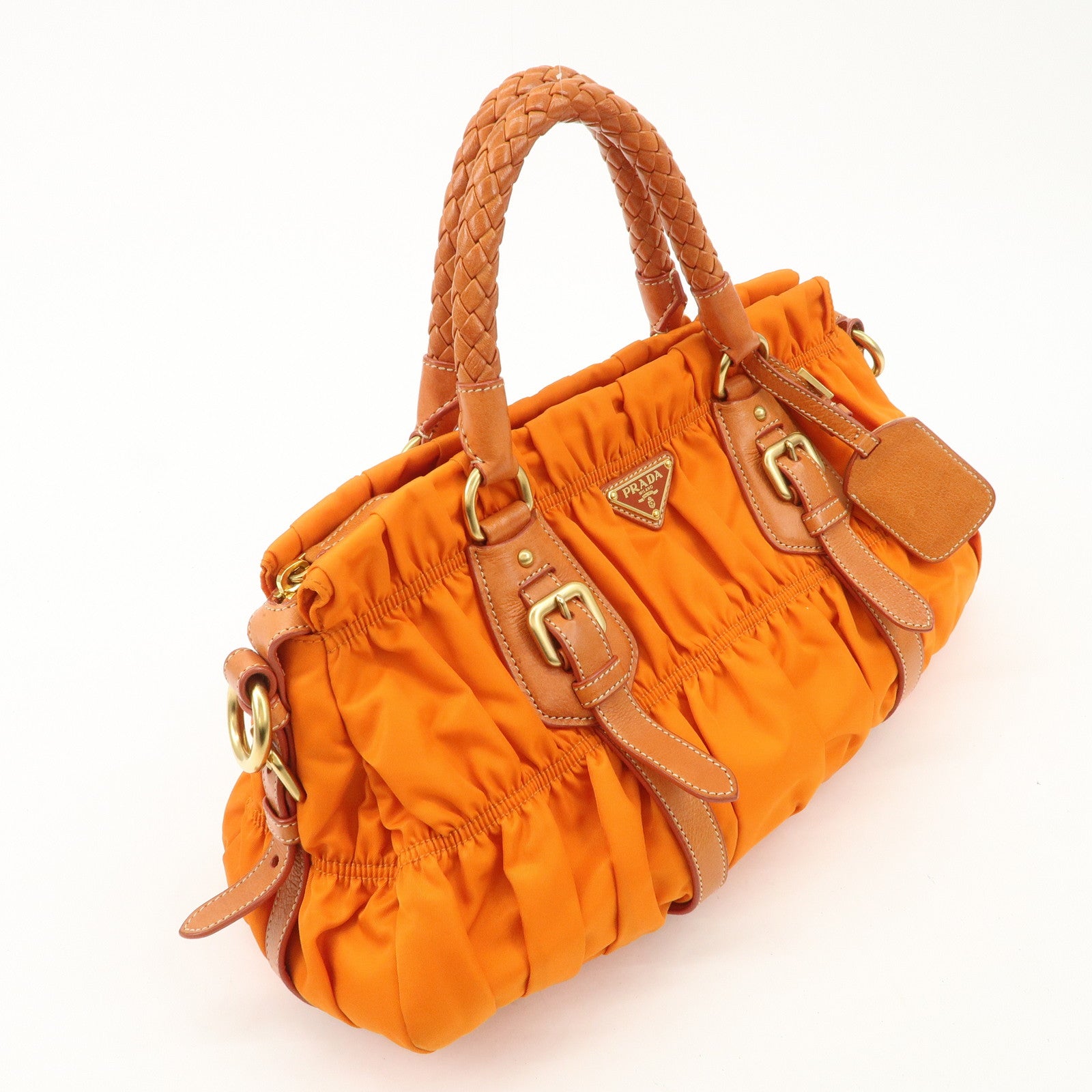 PRADA Triangle Logo Nylon Leather 2Way Bag Hand Bag Orange BN1407 Used