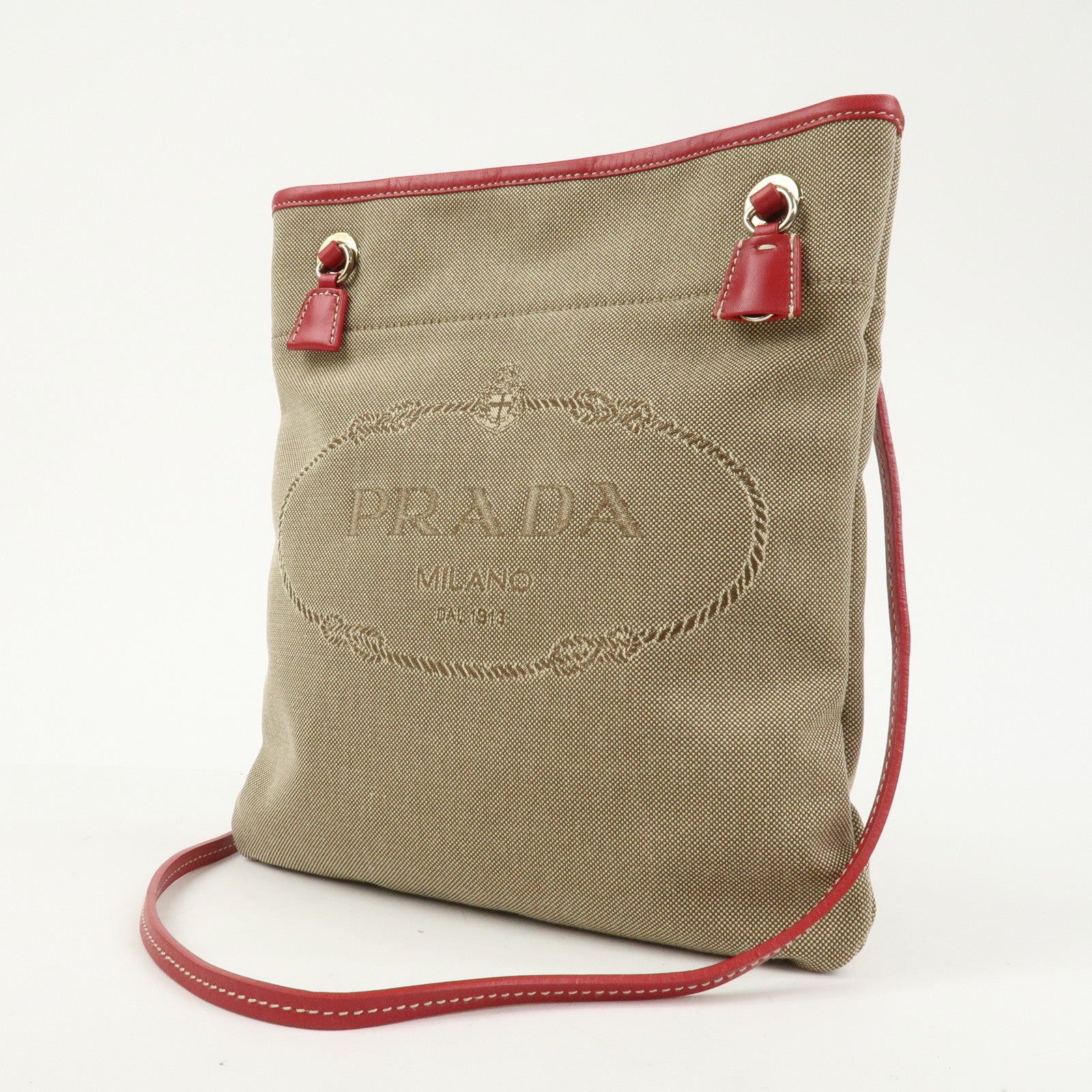PRADA Logo Canvas Leather Shoulder Bag Crossbody Bag Beige BT0551