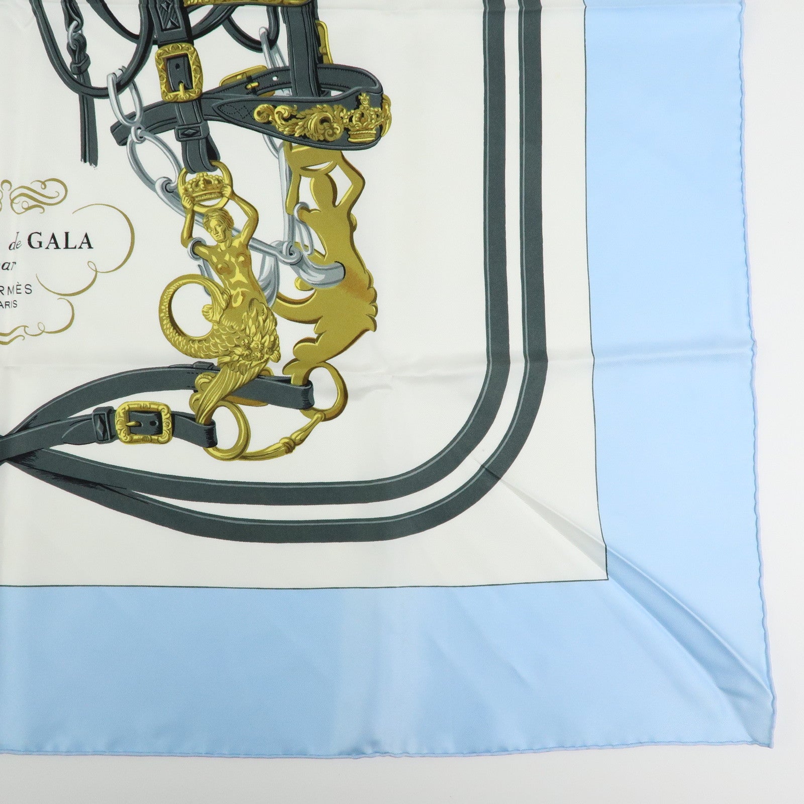 HERMES Carre 90 Silk 100% Scarf Brides de Gala Gray Light Blue Gold