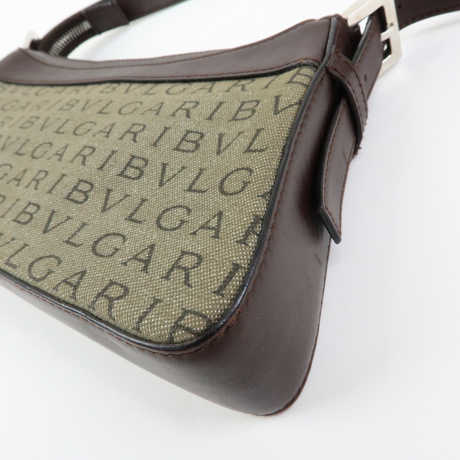 BVLGARI Logo Mania Canvas Leather Shoulder Bag Hand Bag Khaki