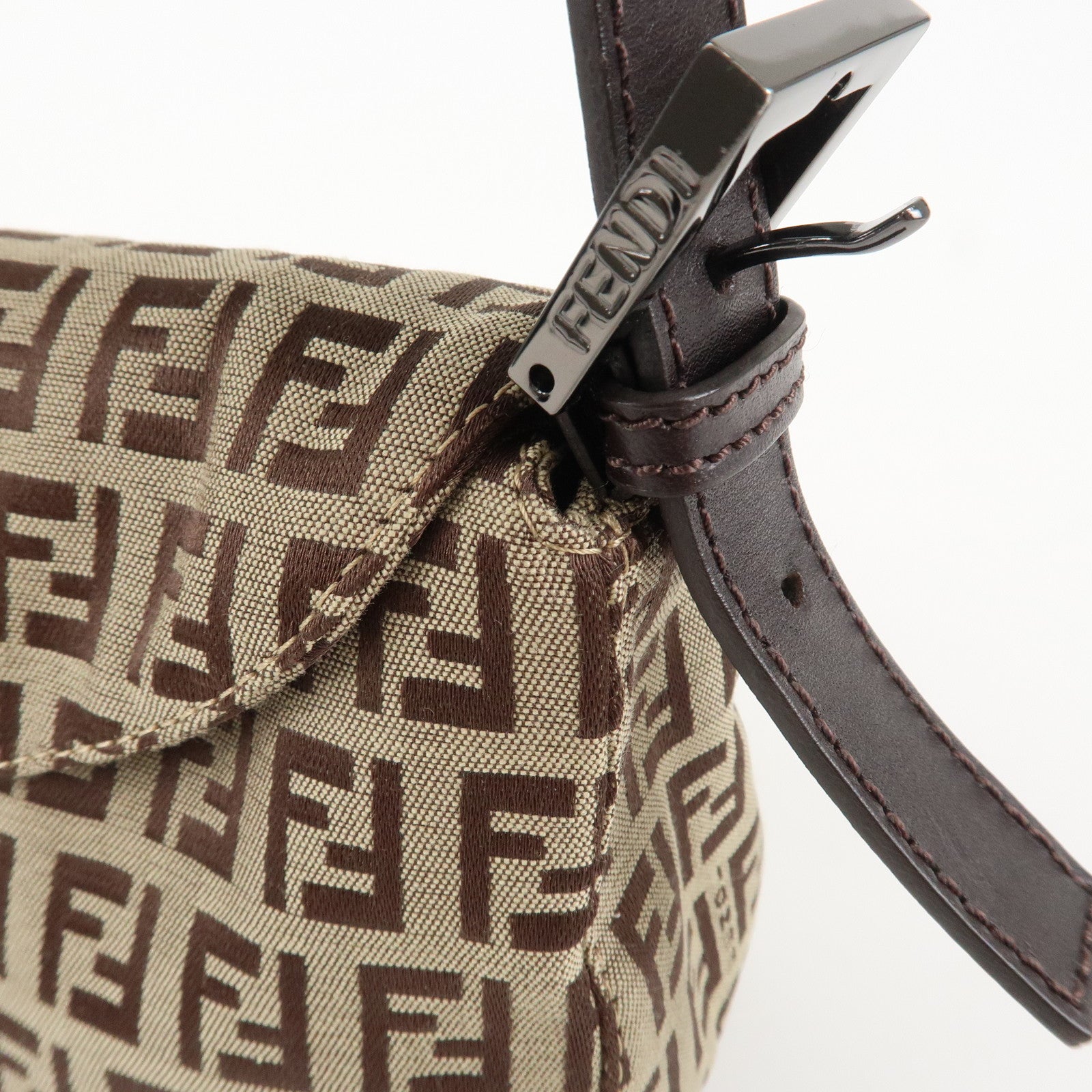 FENDI Mamma Baguette Zucchino Canvas Leather Hand Bag Brown 8BR003 Used