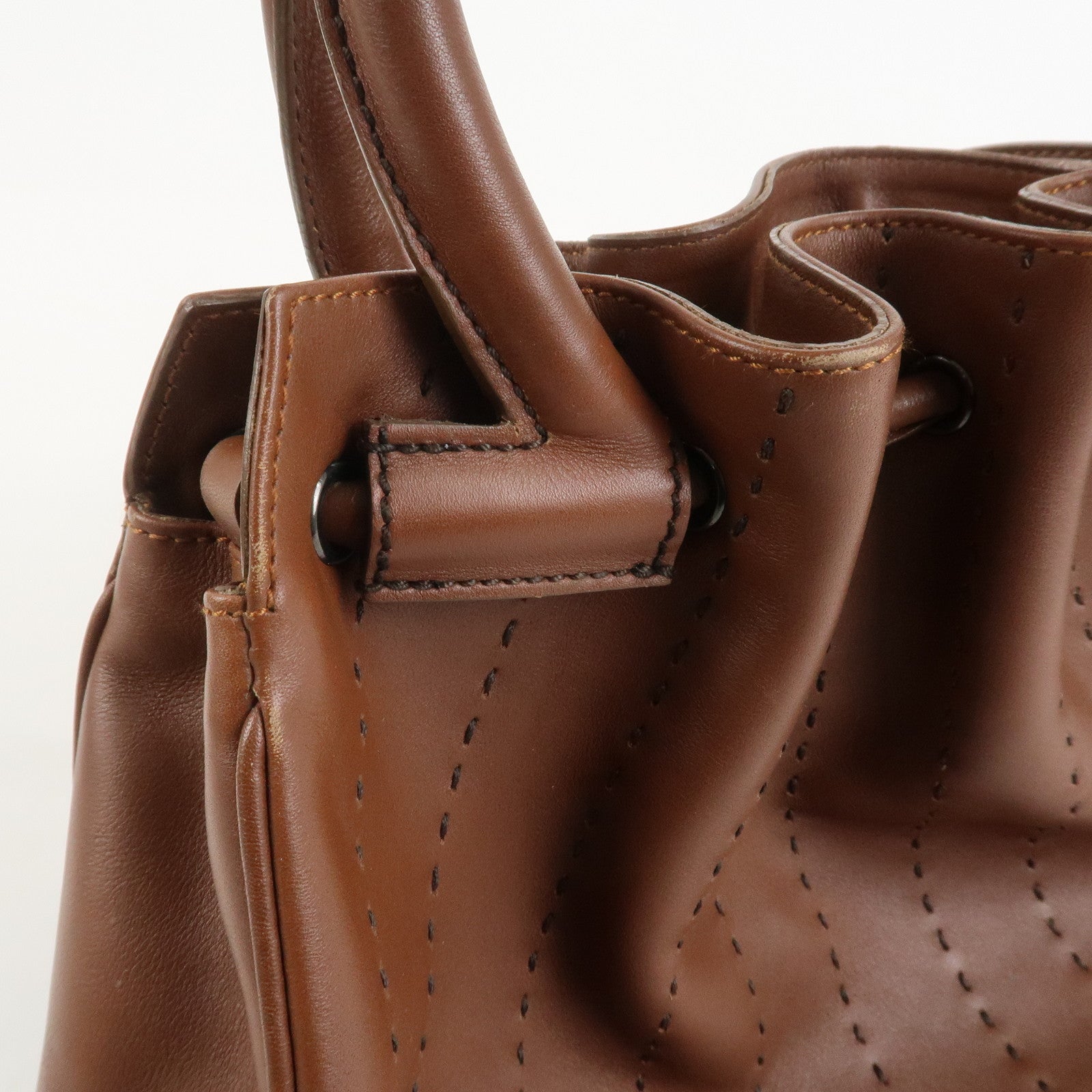 Ferragamo Gancini Leather Stitch Shoulder Bag Hand Bag Brown