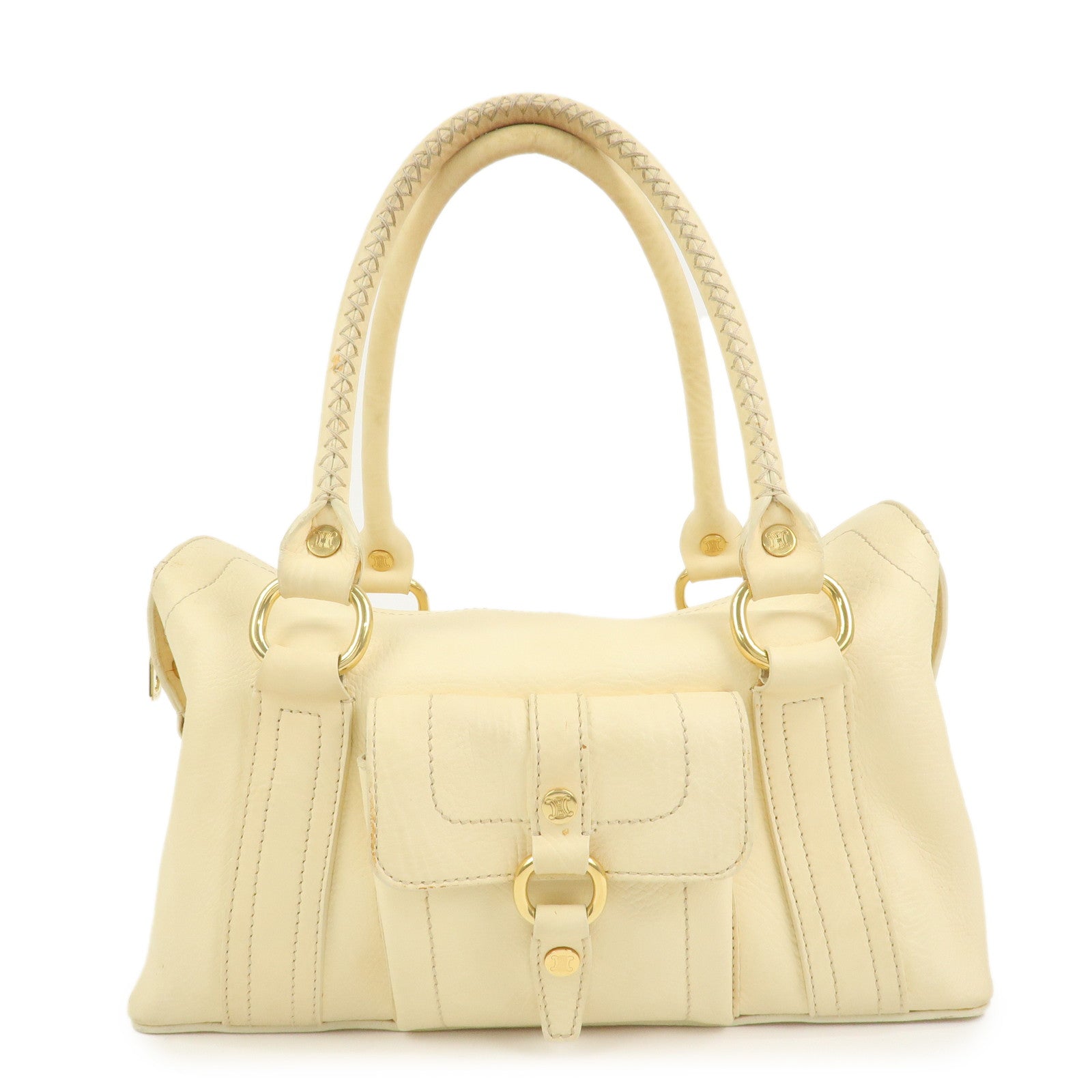 CELINE Macadam Logo Leather Tote Bag Hand bag Shoulder Bag Creme