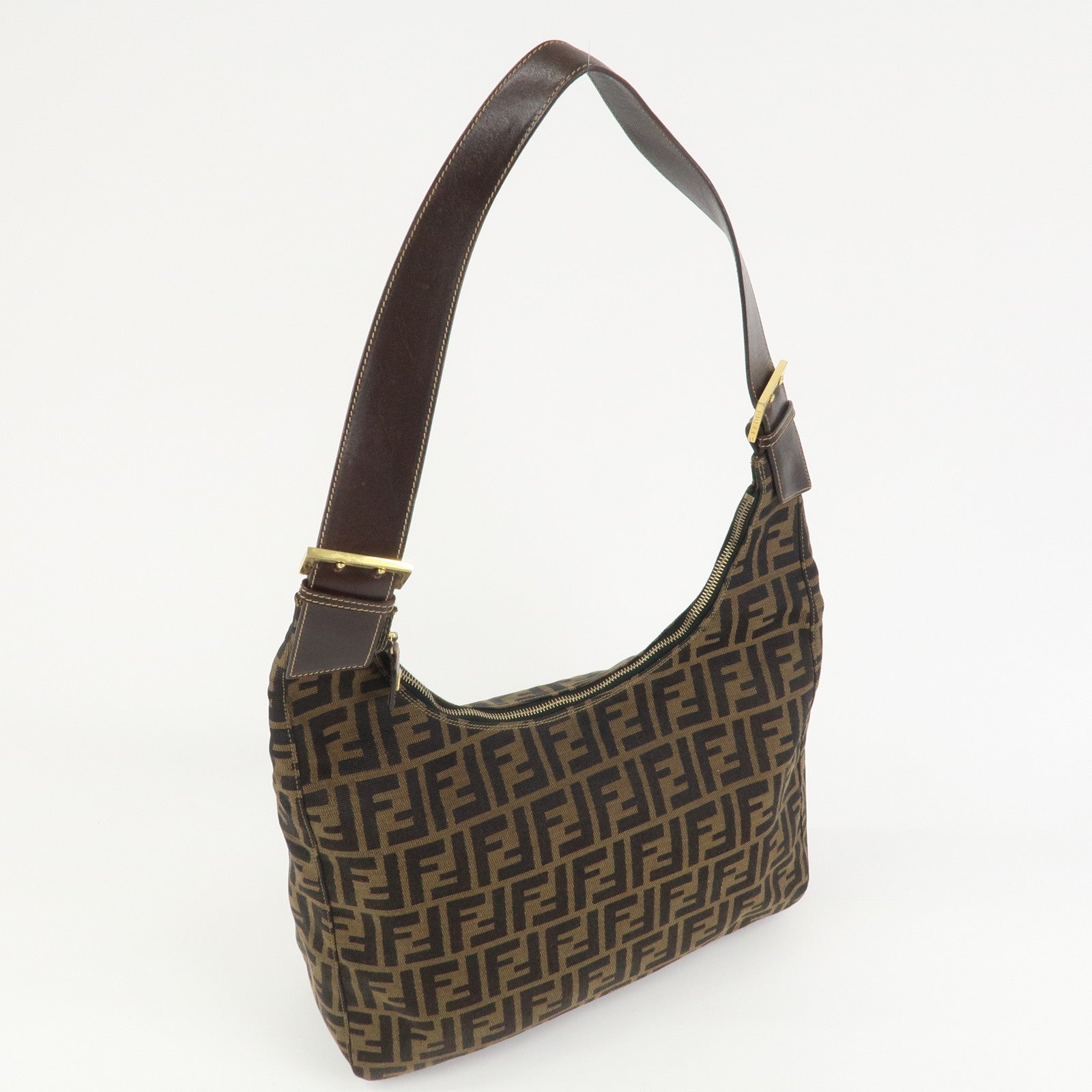 FENDI Zucca Canvas Leather Shoulder Bag Hand Bag Brown Black