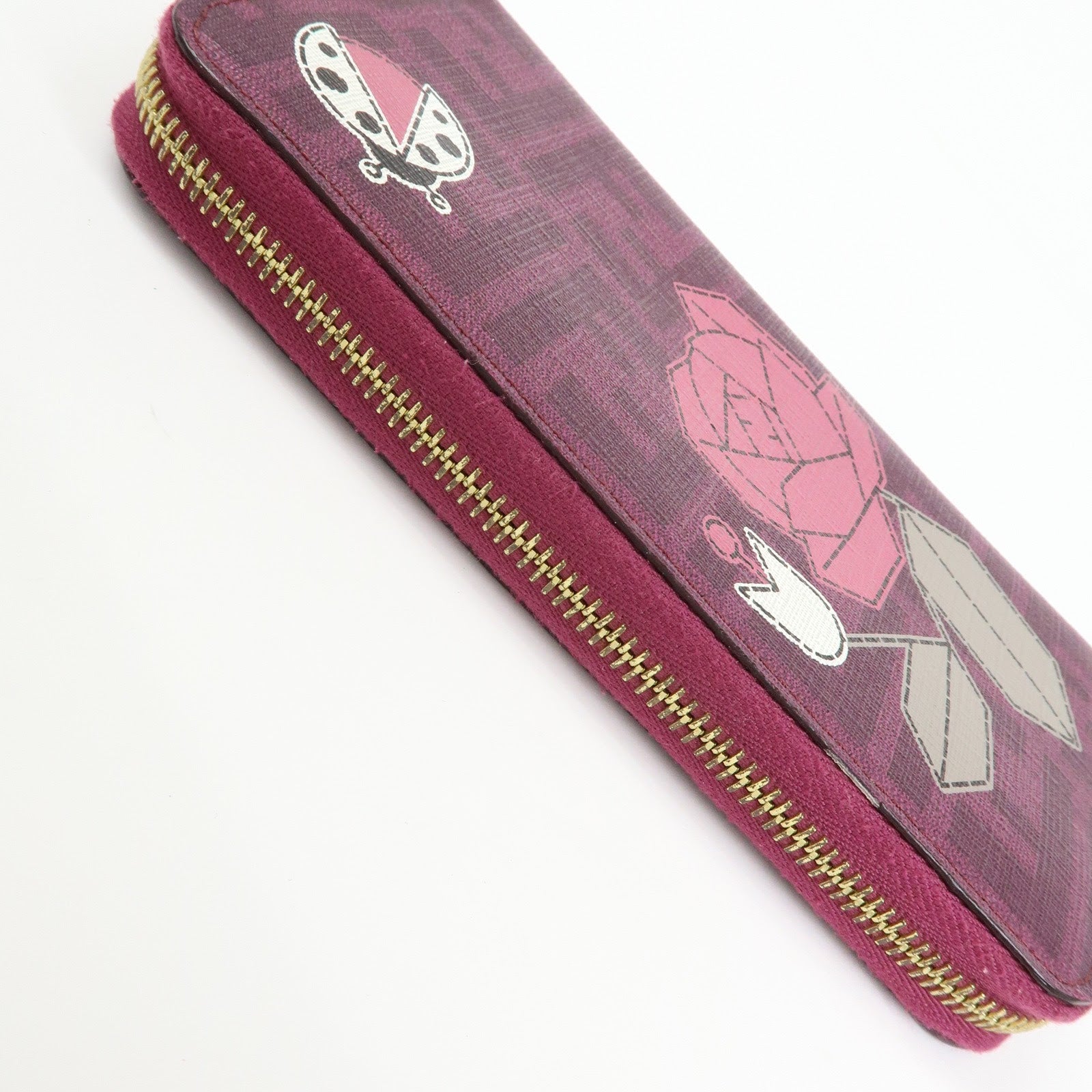 FENDI Zucca PVC Long Wallet Rose Ladybug Motif Purple 8M0024