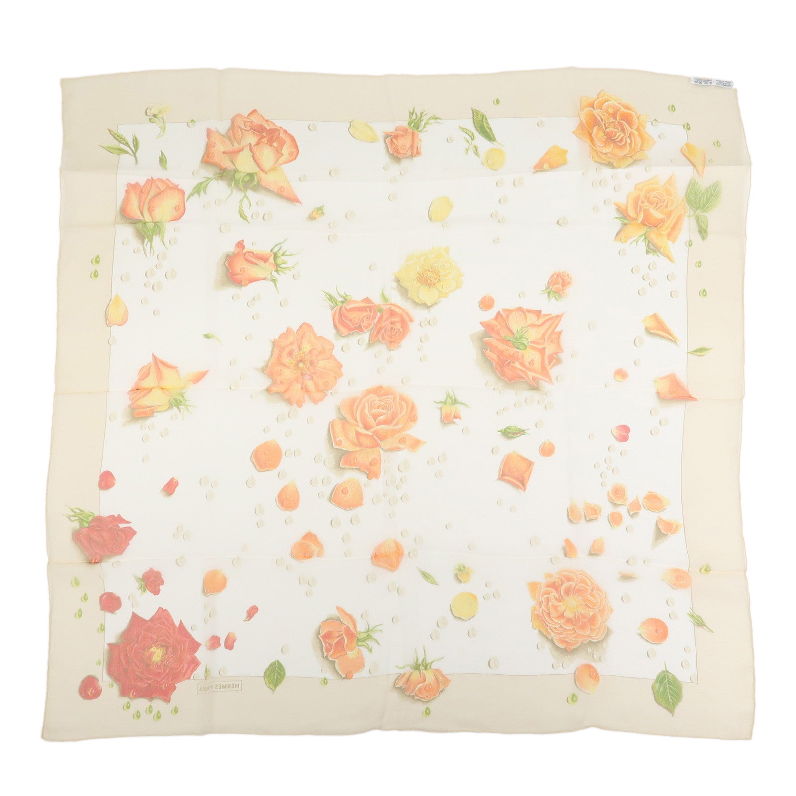 HERMES Carre 90 Silk 100% LA ROSEE Anne Gavarni Scarf Orange