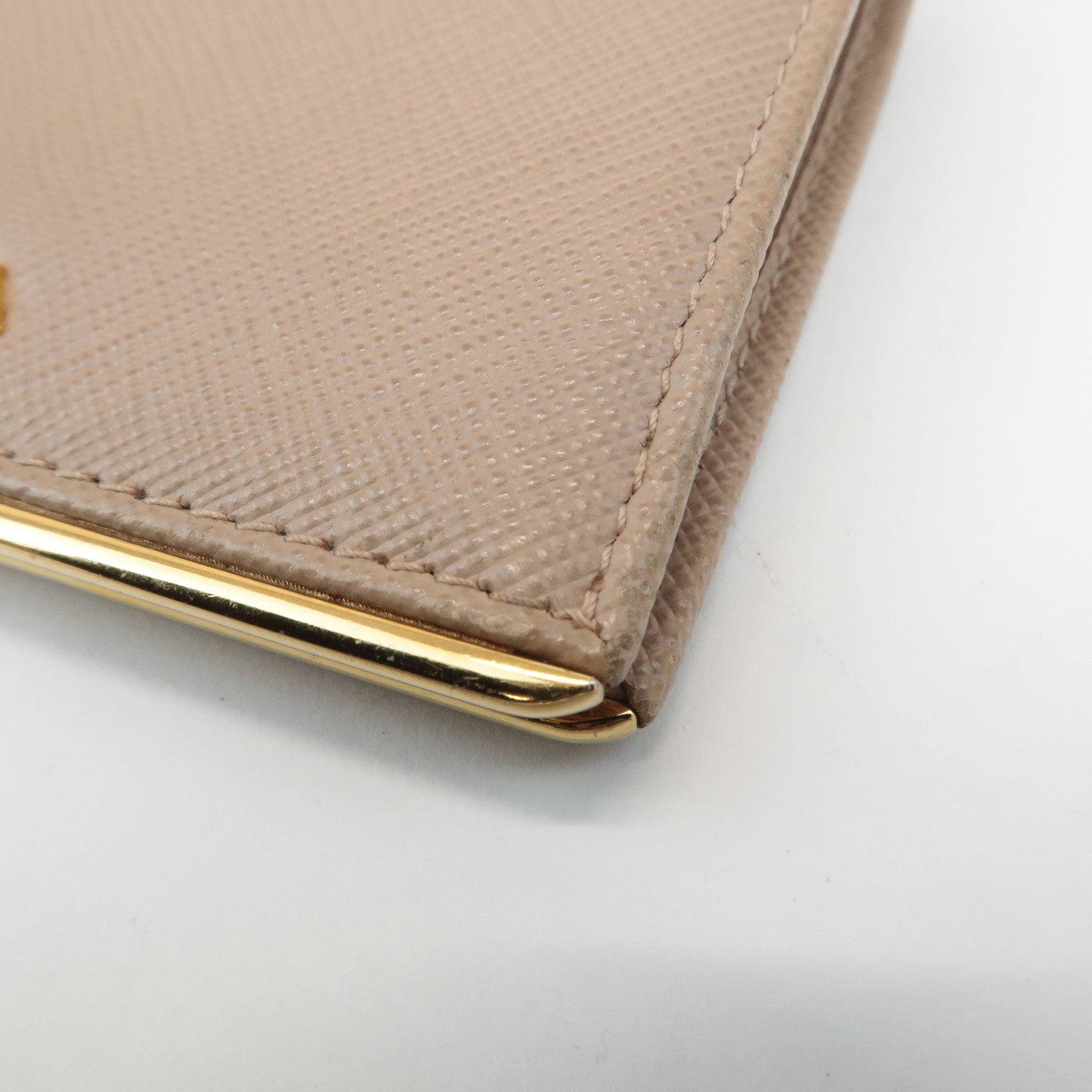 PRADA Logo Saffiano Leather Bi-Fold Small Wallet Beige 1MV204 Used