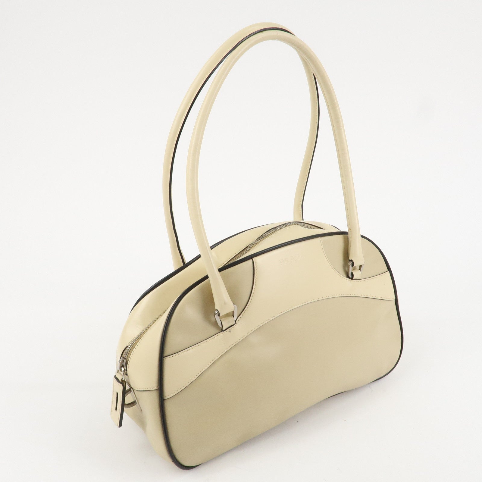 PRADA Leather Bowling Bag Boston Bag Ivory Silver Hardware BL0049 Used