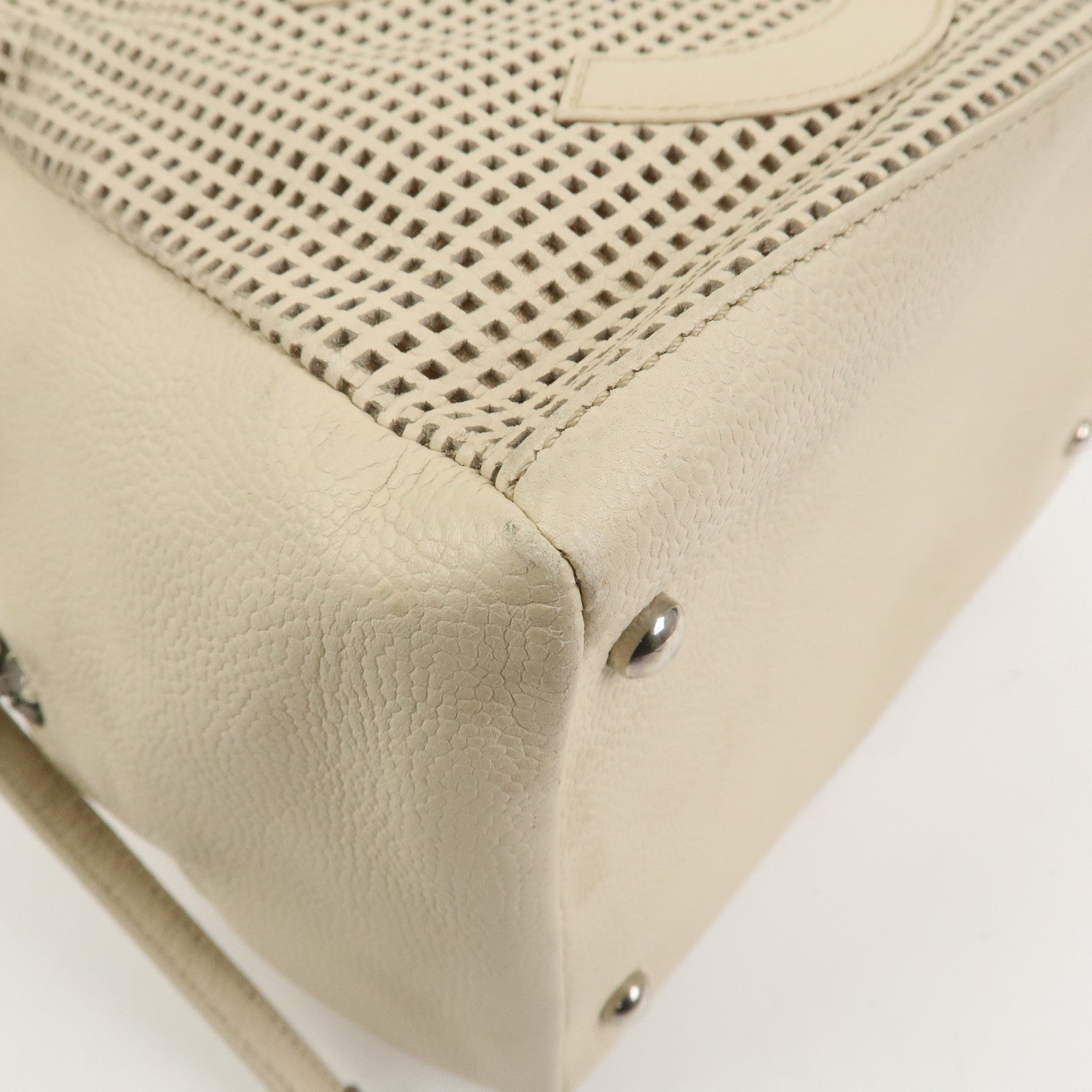 CHANEL Punching COCO Mark Caviarskin Hand Bag Beige