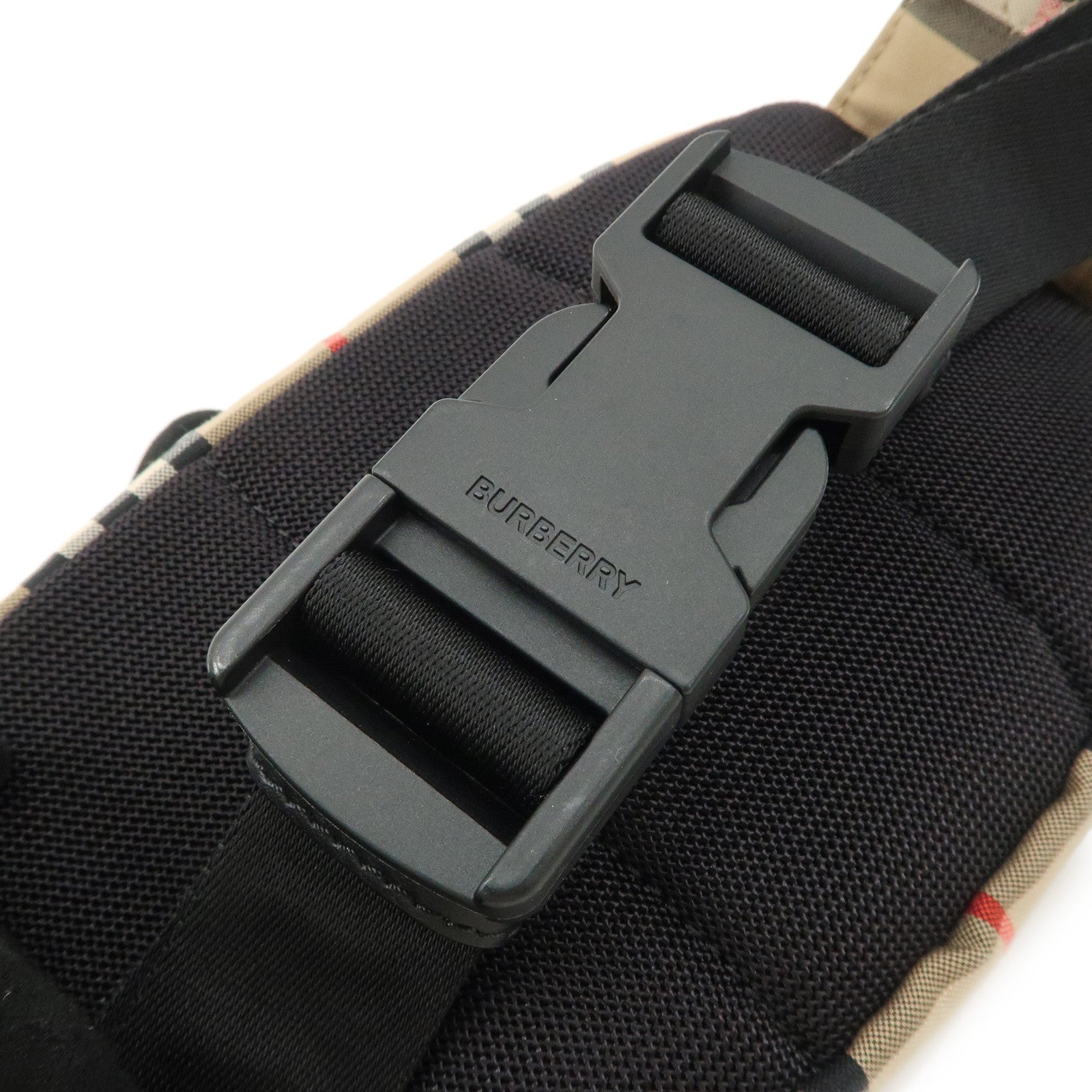 BURBERRY Leather Canvas Waist Bag Nova Plaid Beige Black Used