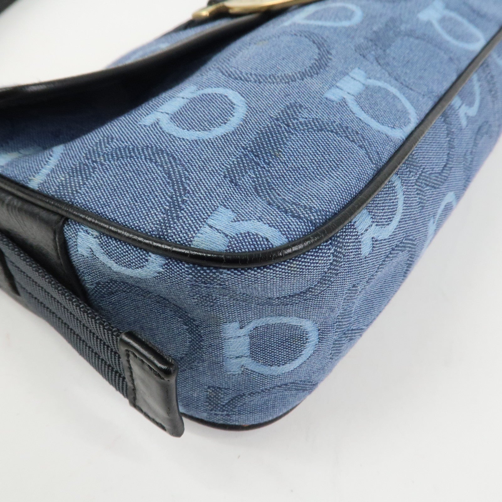Ferragamo Gancini Canvas Leather Shoulder Bag Blue Black