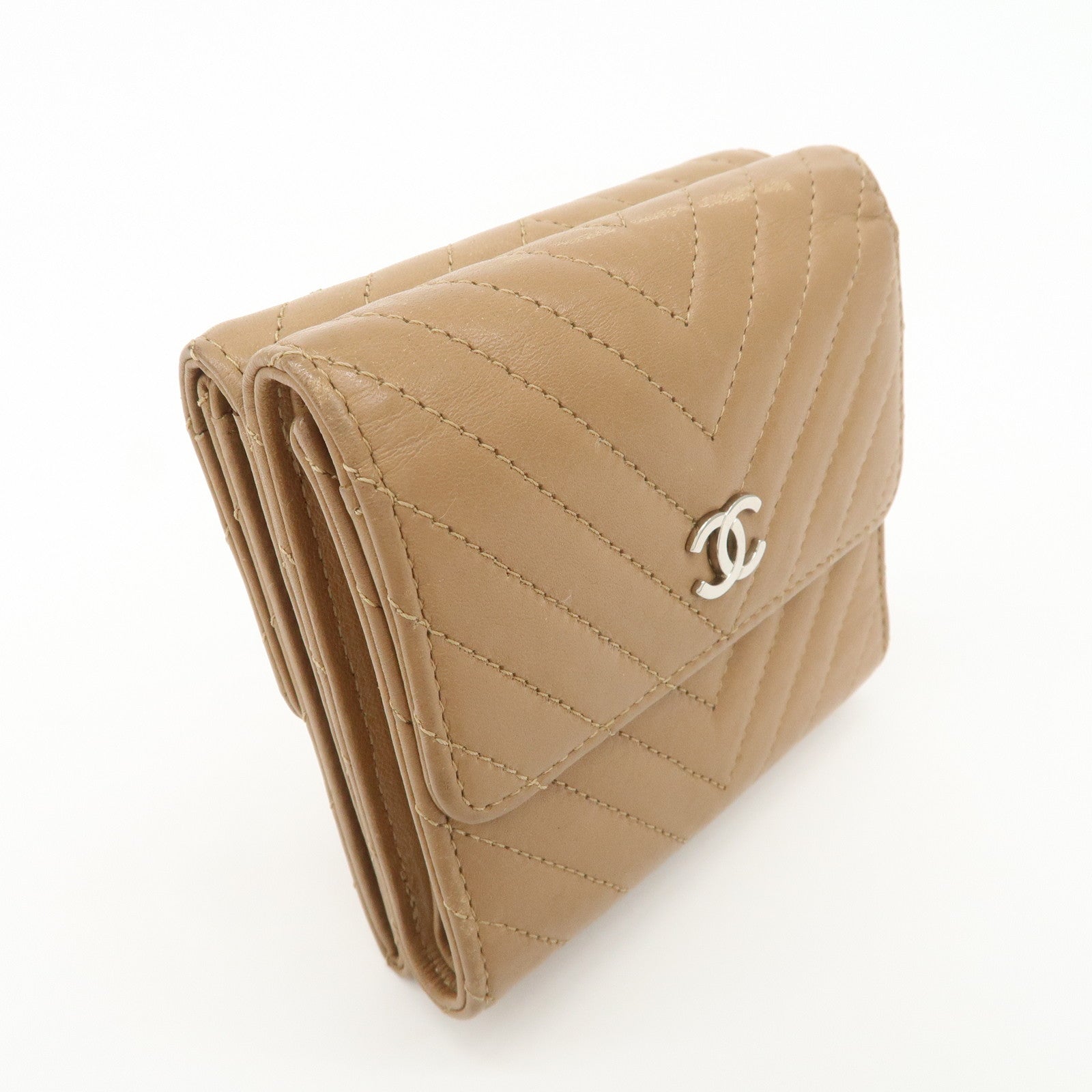 CHANEL Matelasse V Stitch Leather Tri-Fold Wallet Brown A34281