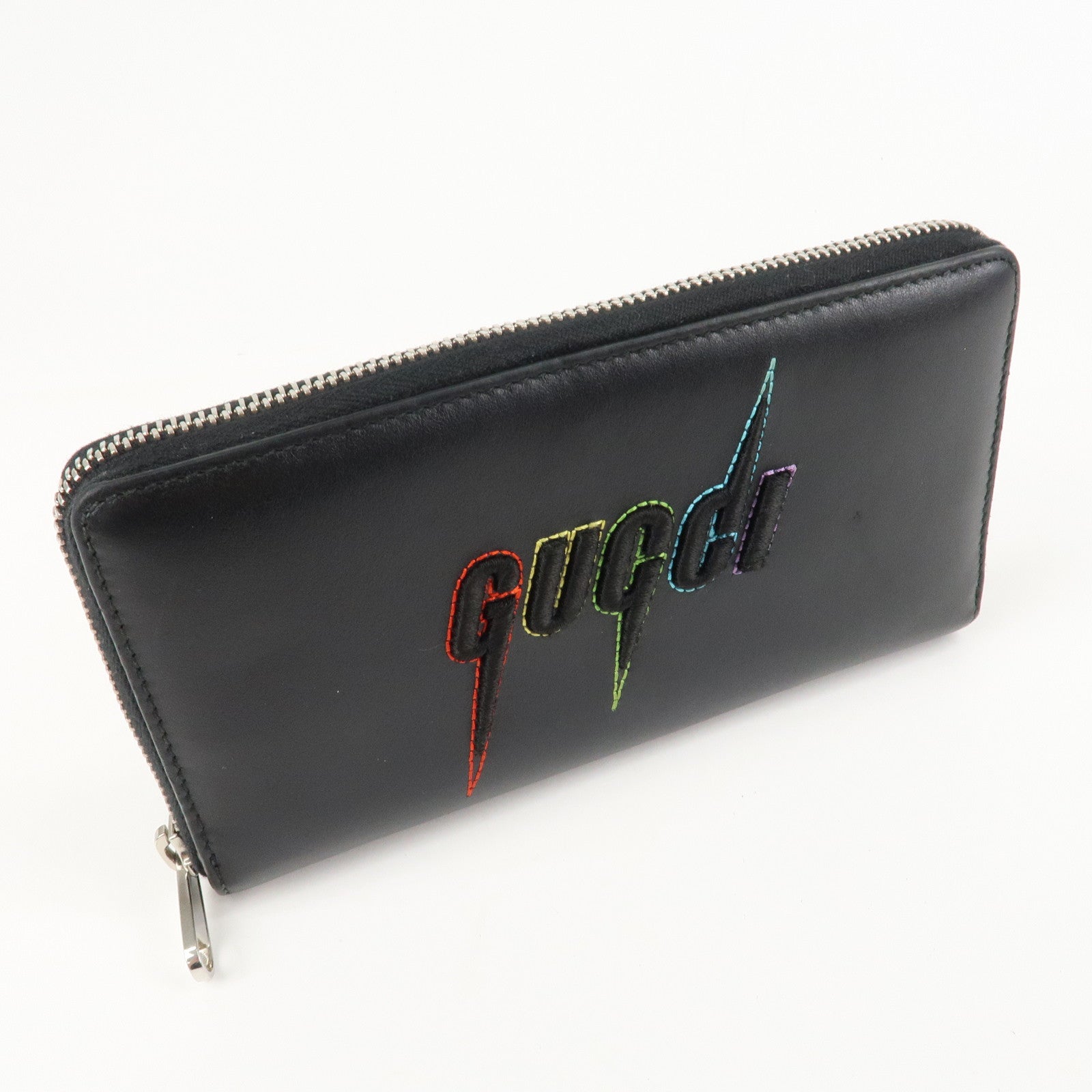 GUCCI Blade Embroidery Leather Zip Around Long Wallet Black Used