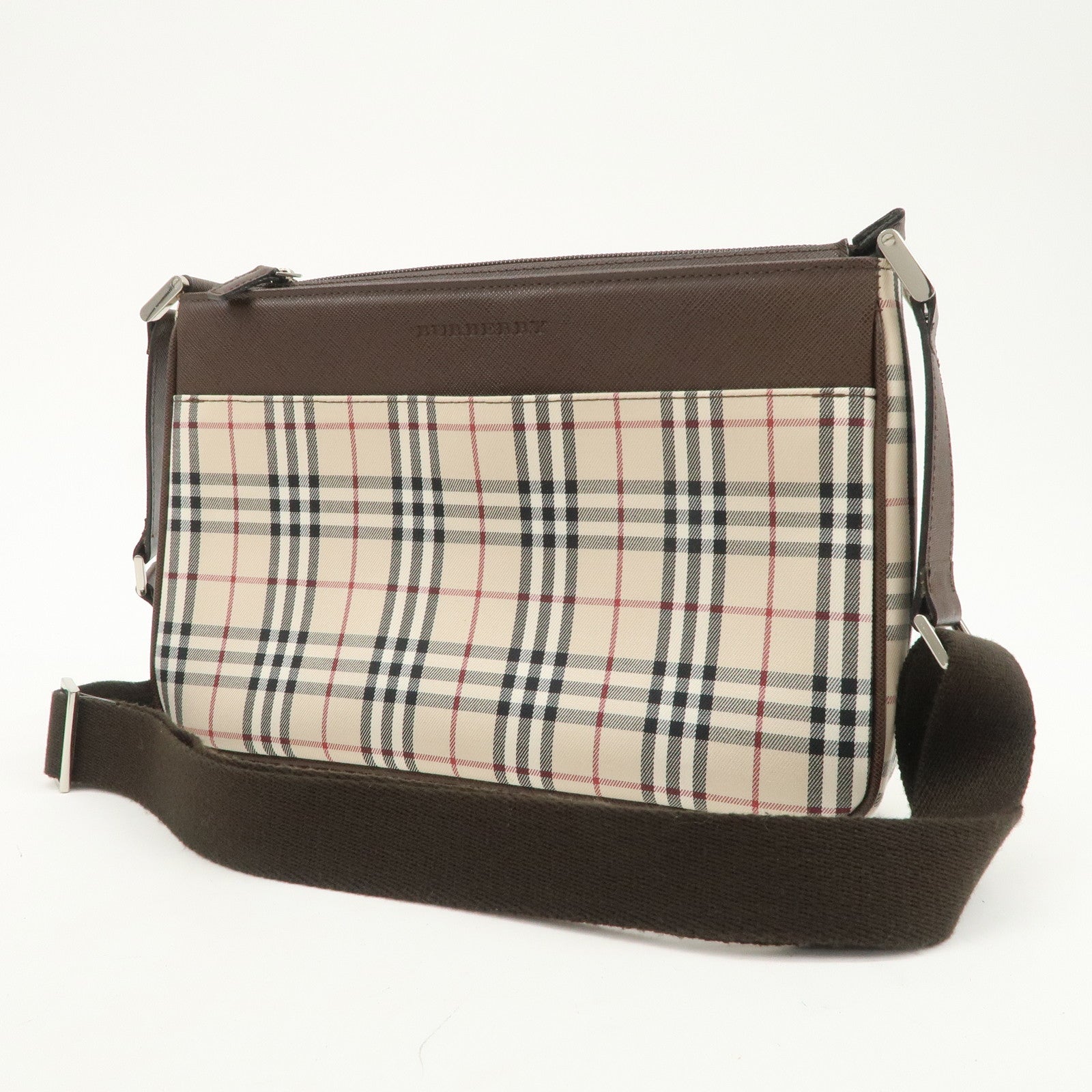 BURBERRY Nova Plaid Canvas Leather Shoulder Crossbody Bag Beige