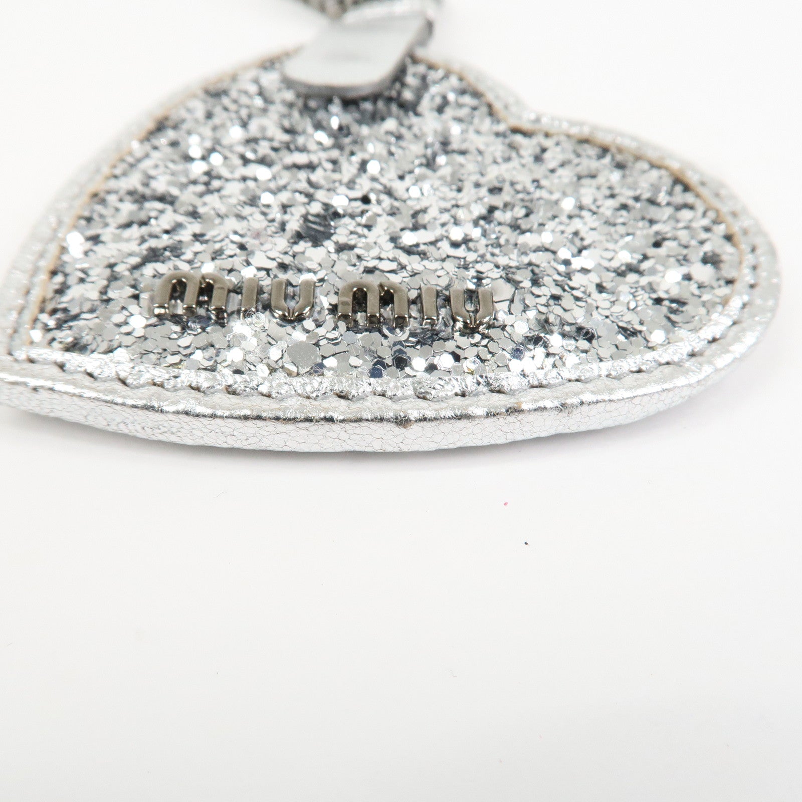 MIU MIU Heart Motif Glitter Leather Key Chain Bag Charm Silver