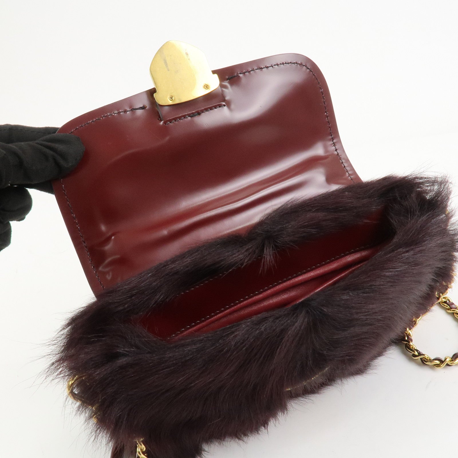 PRADA Leather Fur Chain Shoulder Bag Crossbody Bag Brown BP0368