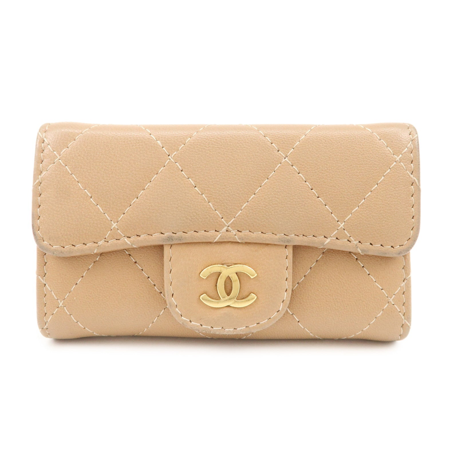 CHANEL Matelasse Lamb Skin COCO Mark 6 Ring Key Case Beige A84400