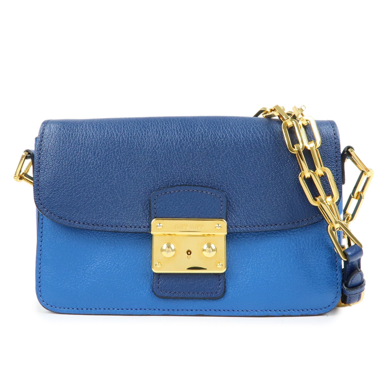 MIU MIU Madras Leather Shoulder Bag Crossbody Bag Blue RT0544