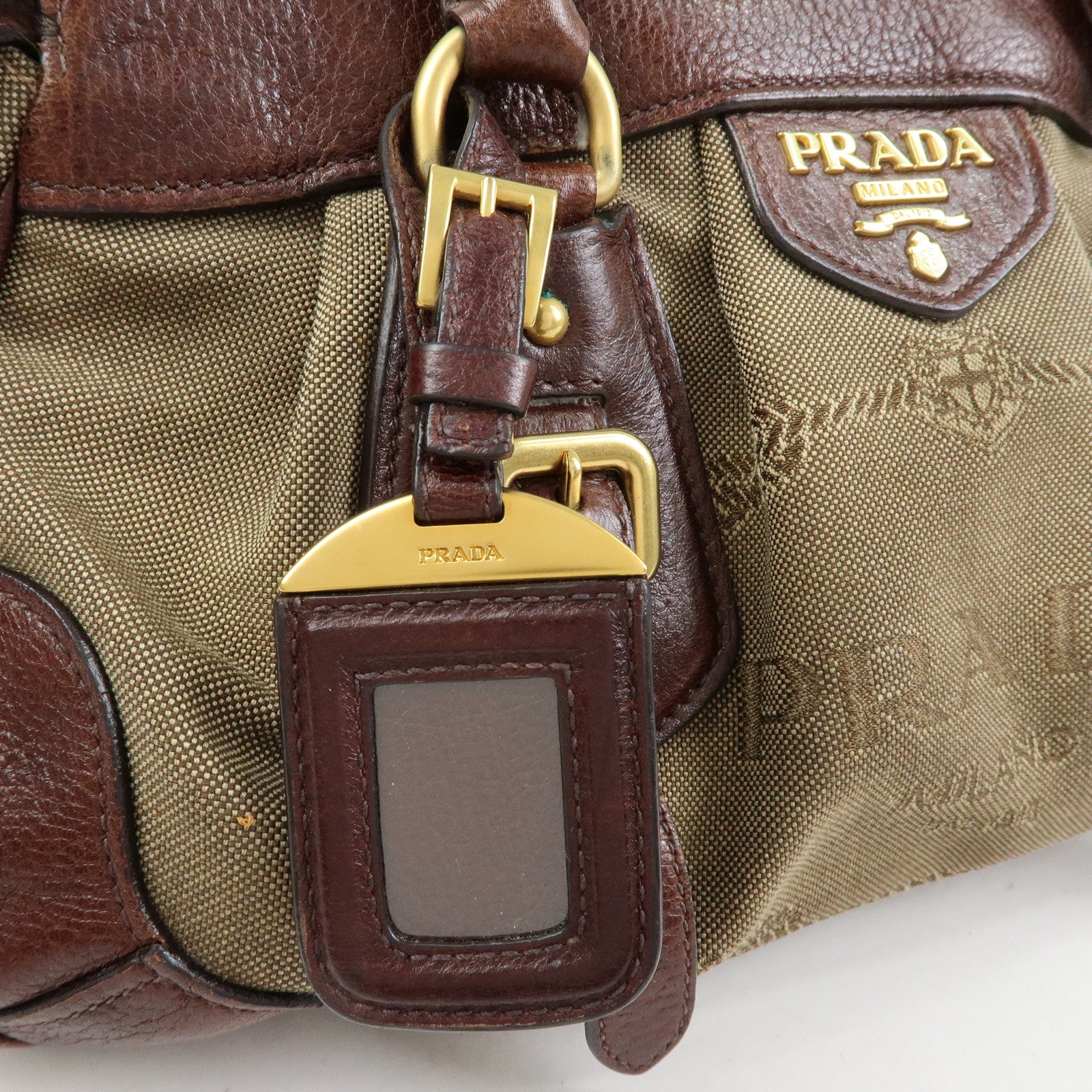 PRADA Logo Jacquard Leather 2Way Bag Hand Bag Shoulder Bag Brown