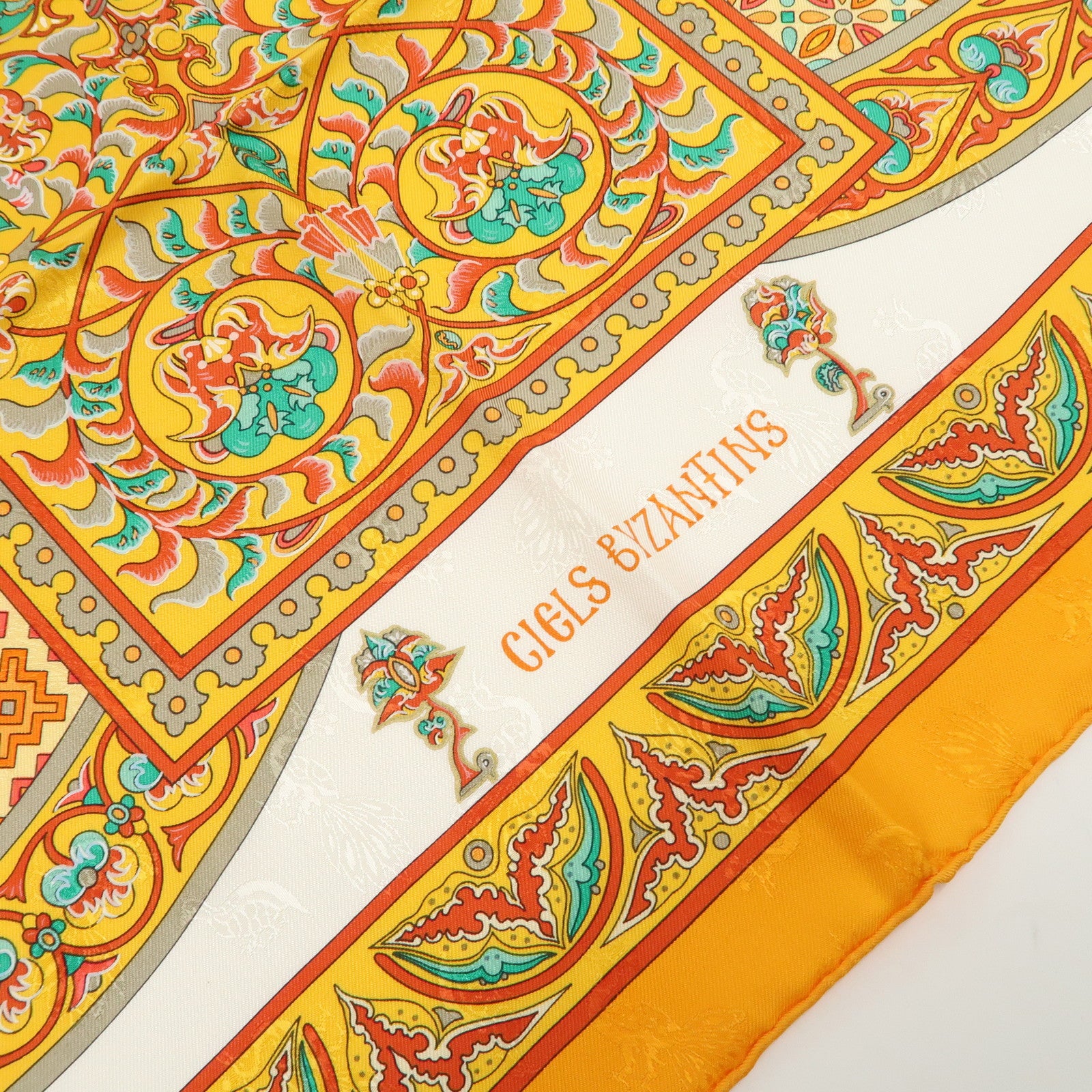 HERMES Carre 90 Silk 100% Scarf CIELS BYZANTINS Orange White