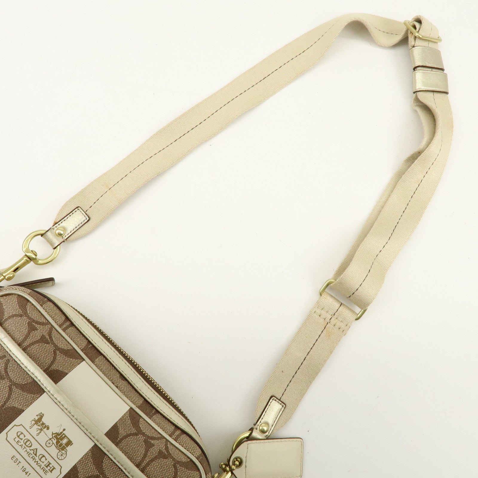 COACH Signature PVC Coated Canvas Leather Shoulder Bag Beige Gold