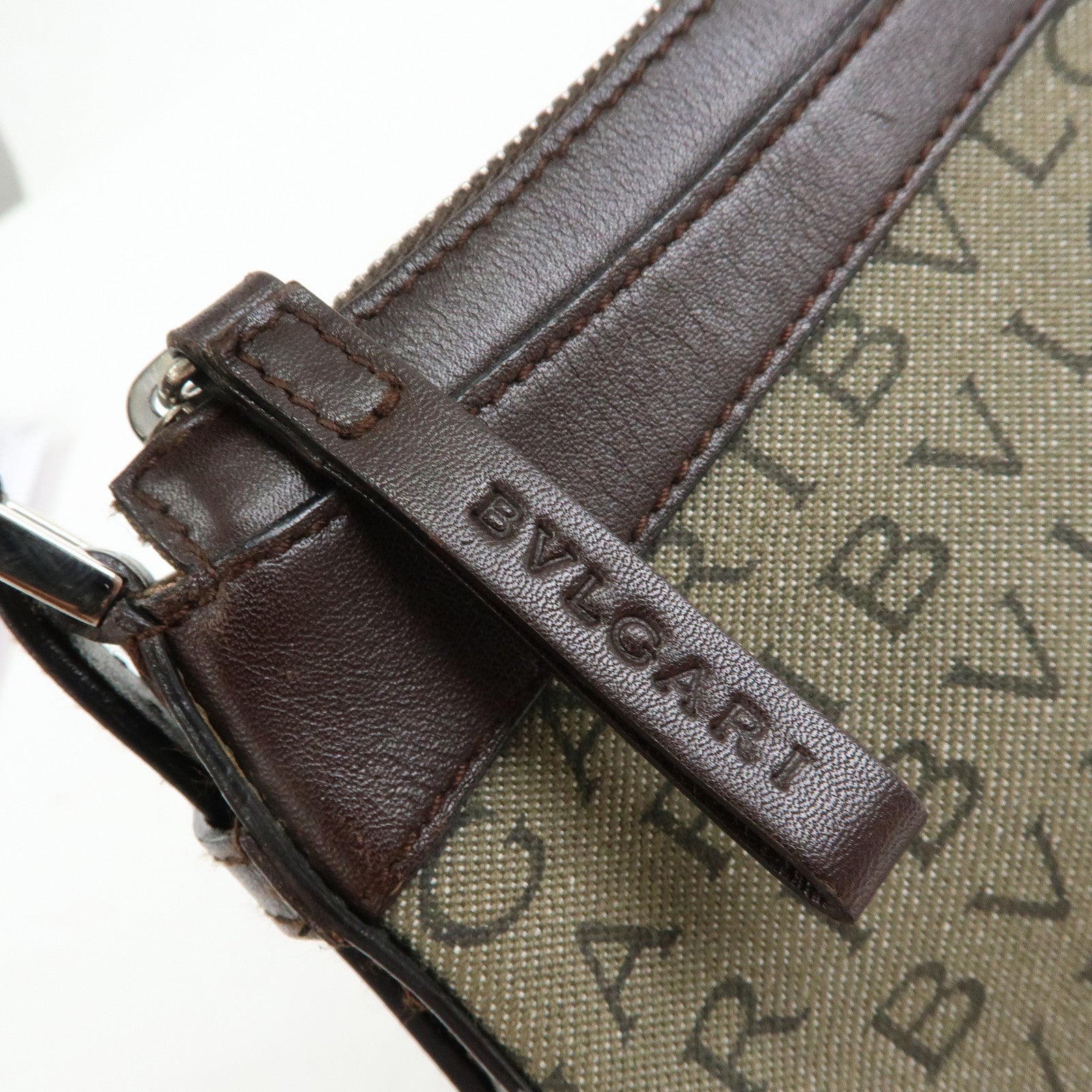 BVLGARI Logo Mania Canvas Leather Shoulder Bag Hand Bag Khaki