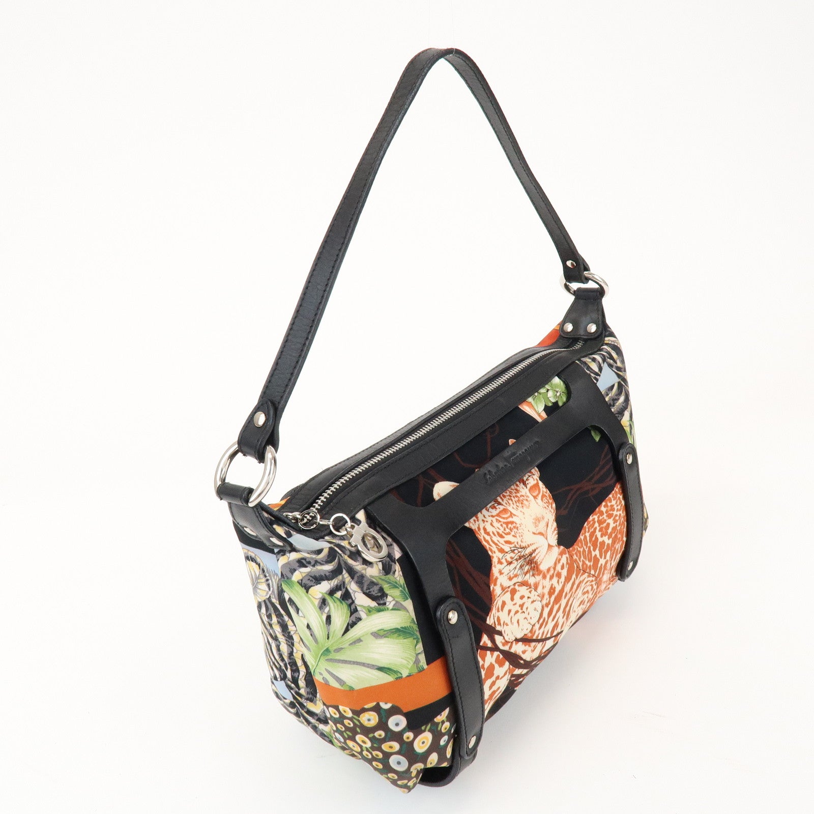 Ferragamo Nylon Leather Shoulder Bag Black Multicolor Animal