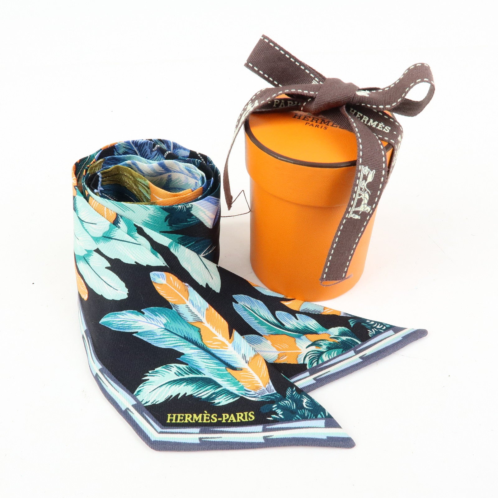 HERMES Silk 100% Twilly Scarf Brazil Black Blue
