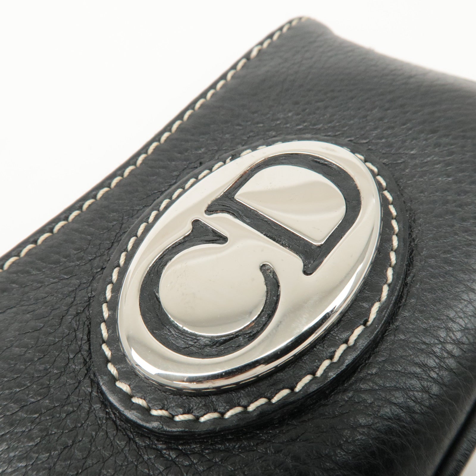 Christian Dior CD Logo Leather Coin Case Key Case Silver HDW Black Used