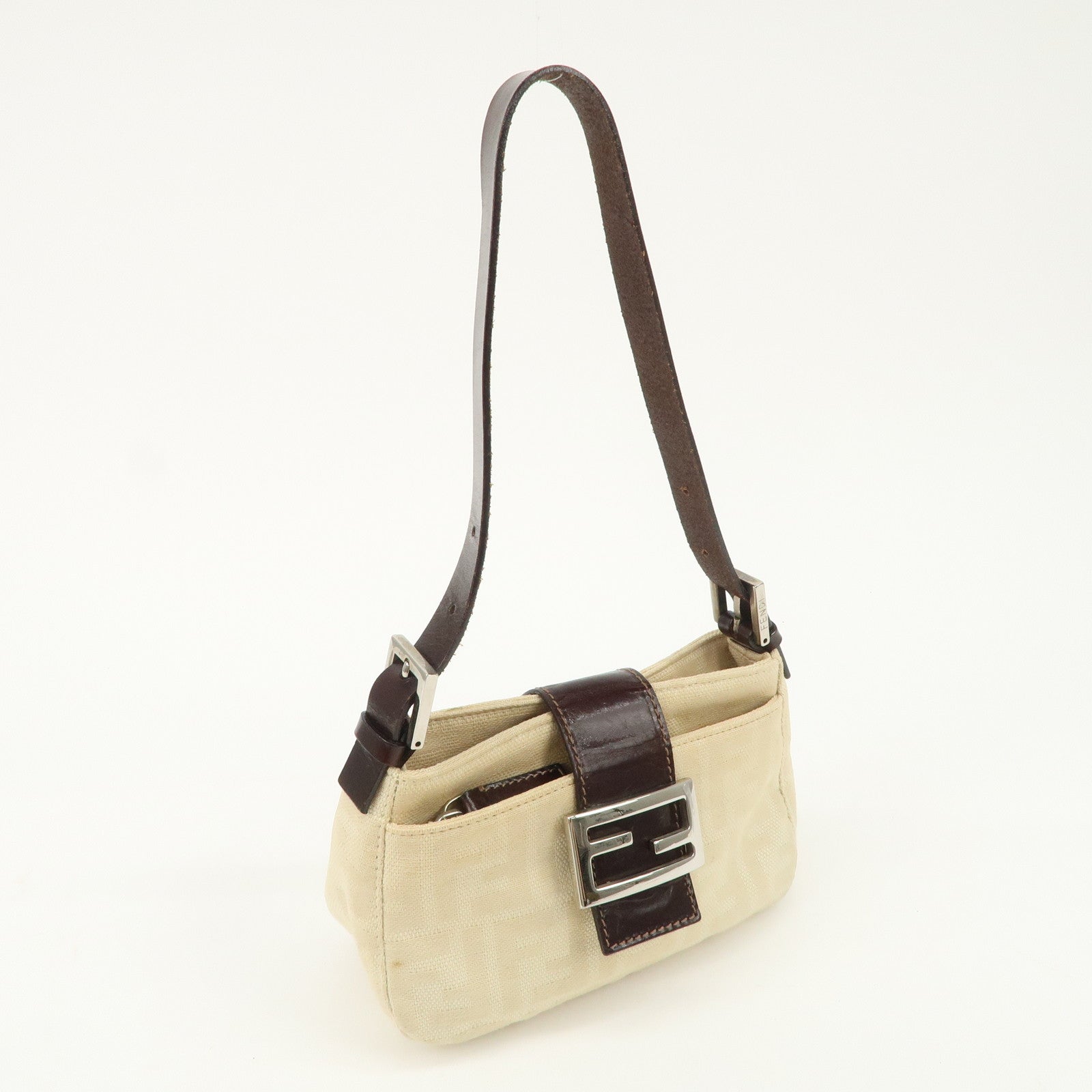 FENDI Zucca Canvas Leather Shoulder Bag Beige Brown 26723