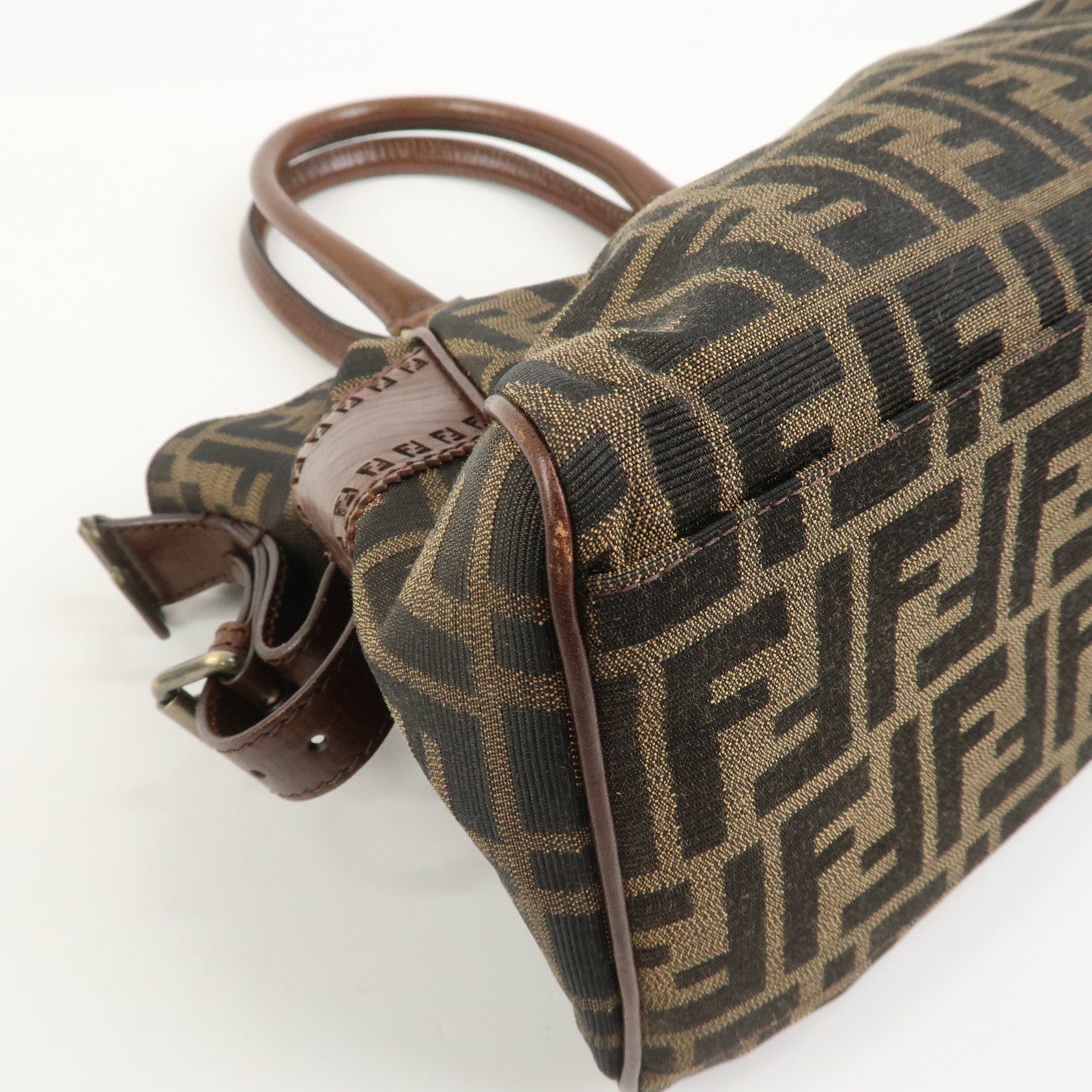 FENDI Etnico Zucca Canvas Leather Shoulder Bag Brown Black 8BN157