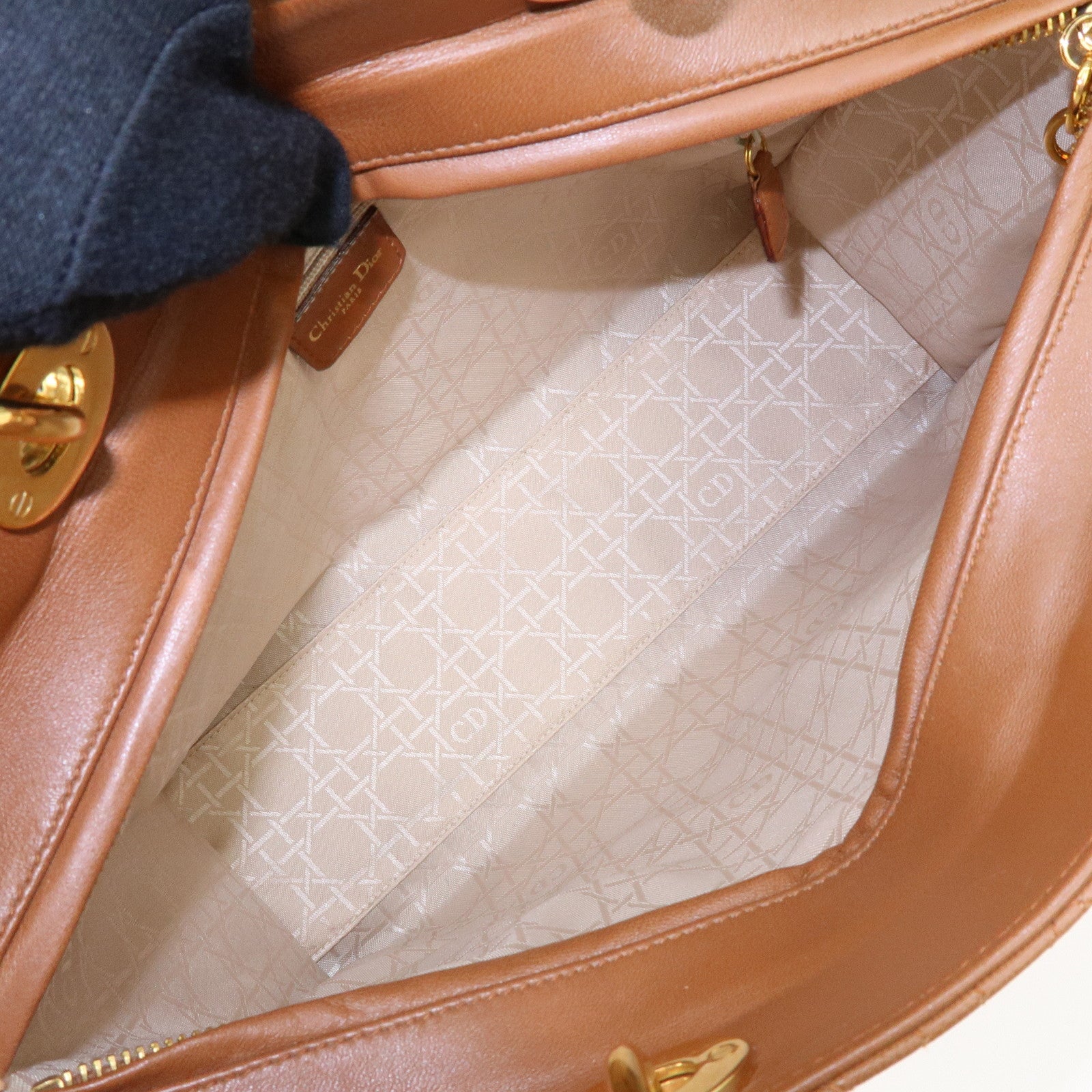 Christian Dior Cannage Large Lamb Skin 2Way Bag Hand Bag Camel