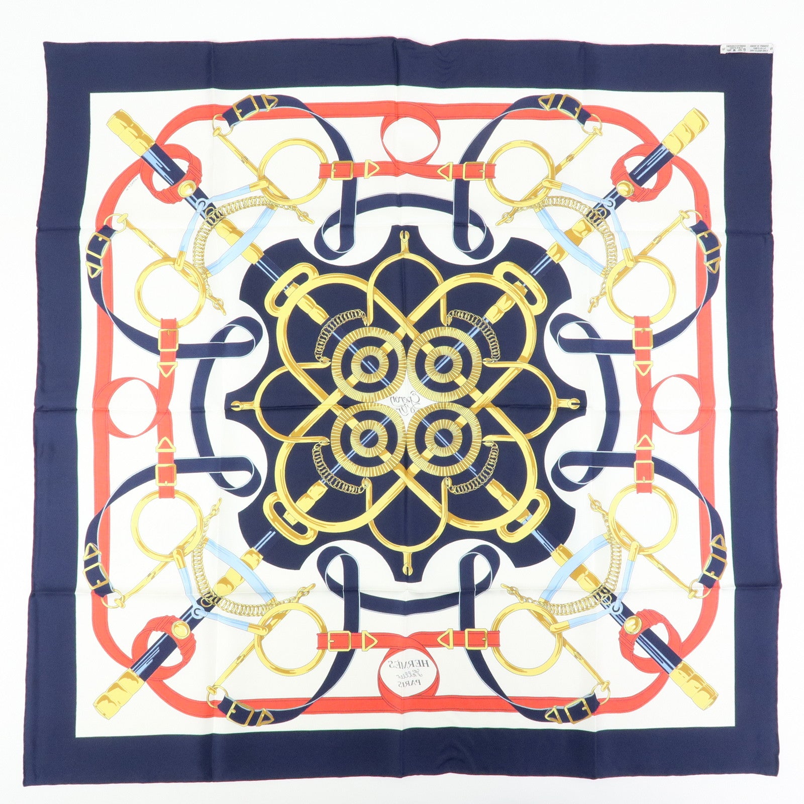 HERMES Carre 90 Silk 100% Scarf Eperon d'or White Navy Red Yellow