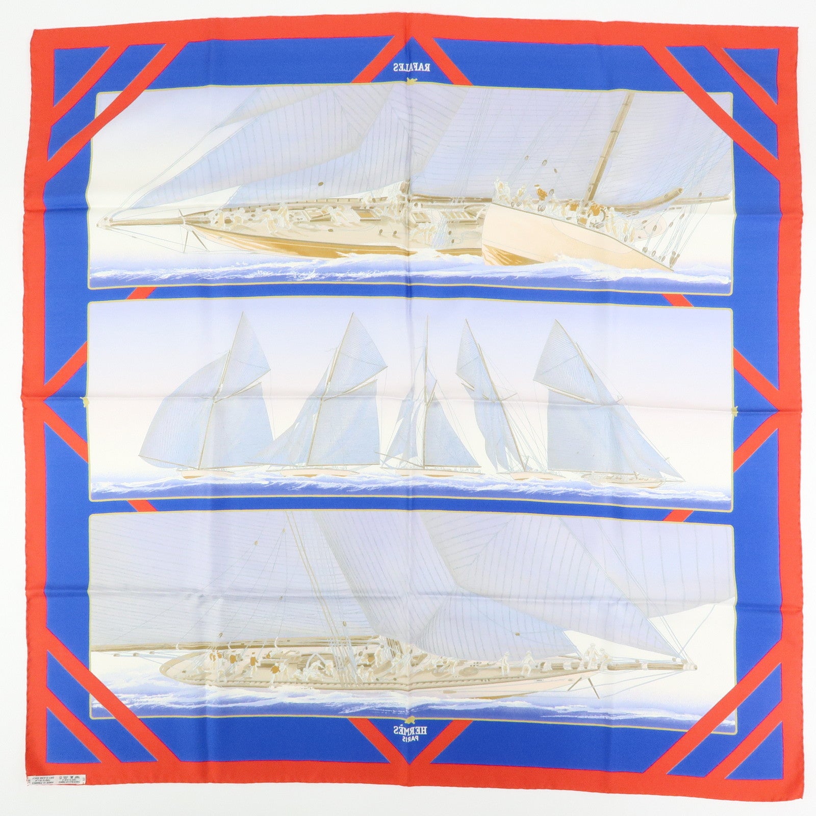 HERMES Carre 90 Silk 100% Scarf RAFALES Ship Print Blue Red